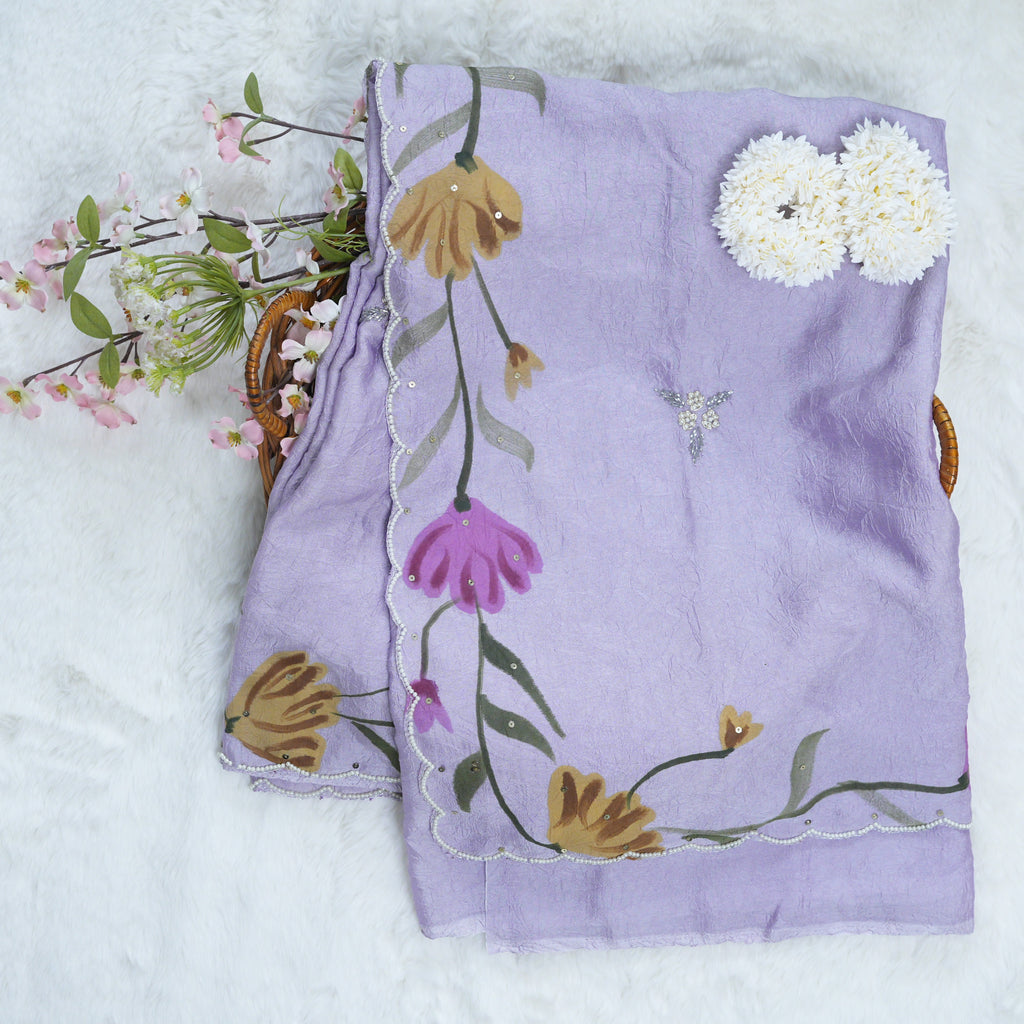 Lavender Floral Hand-Painted Saree with Pearl Detailing – Textured Finish