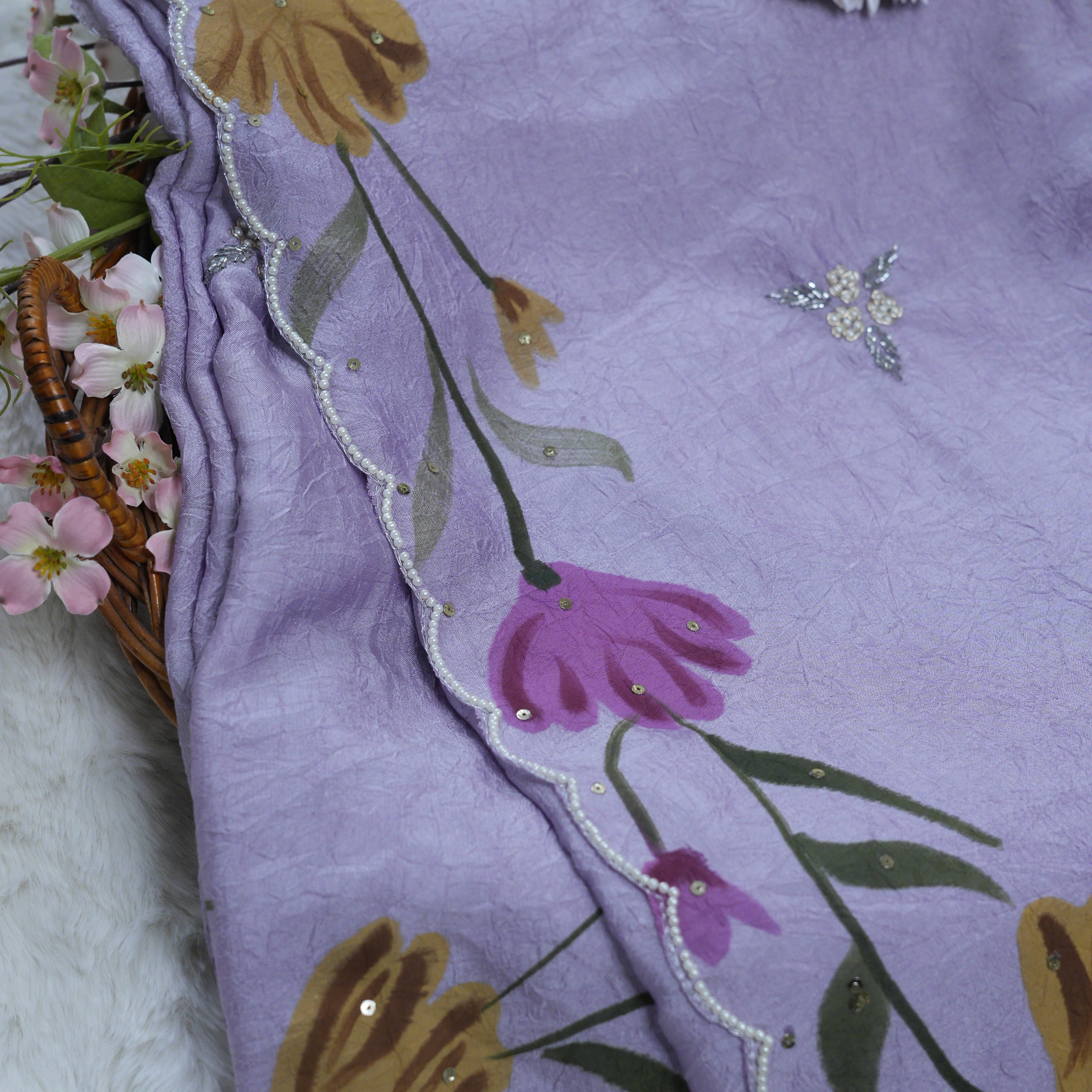 Lavender Floral Hand-Painted Saree with Pearl Detailing – Textured Finish