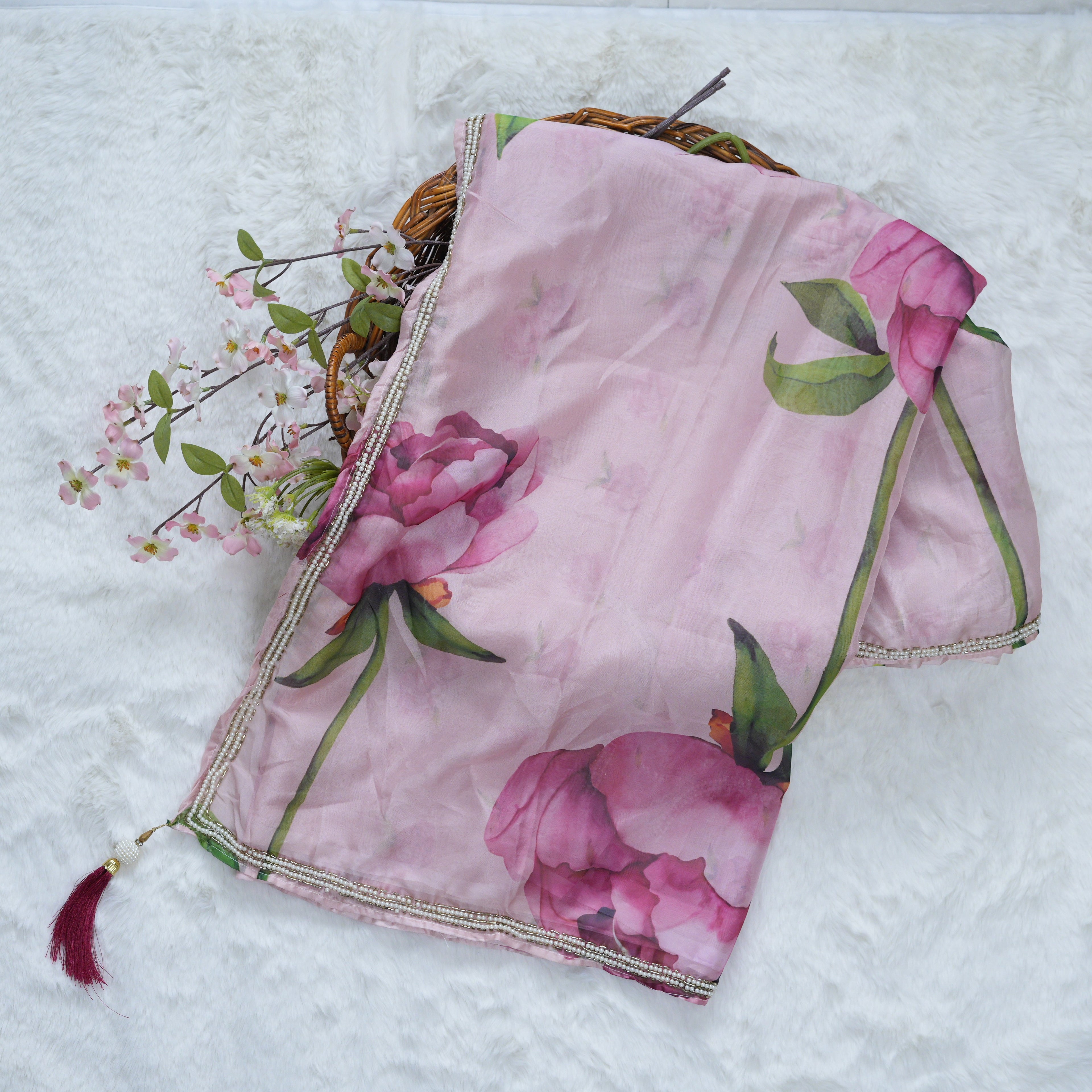 Blush Pink Floral-Printed Organza Saree with Pearl Detailing