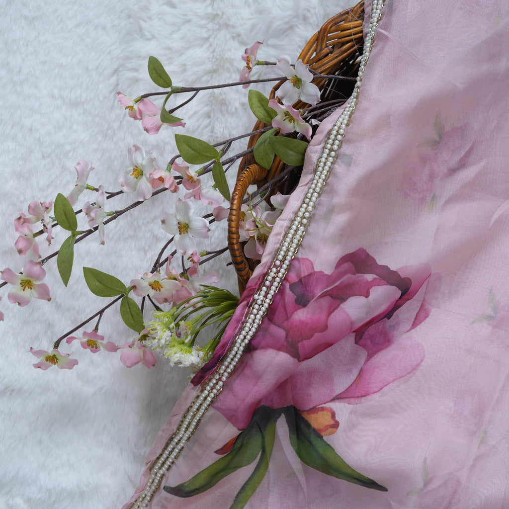 Blush Pink Floral-Printed Organza Saree with Pearl Detailing