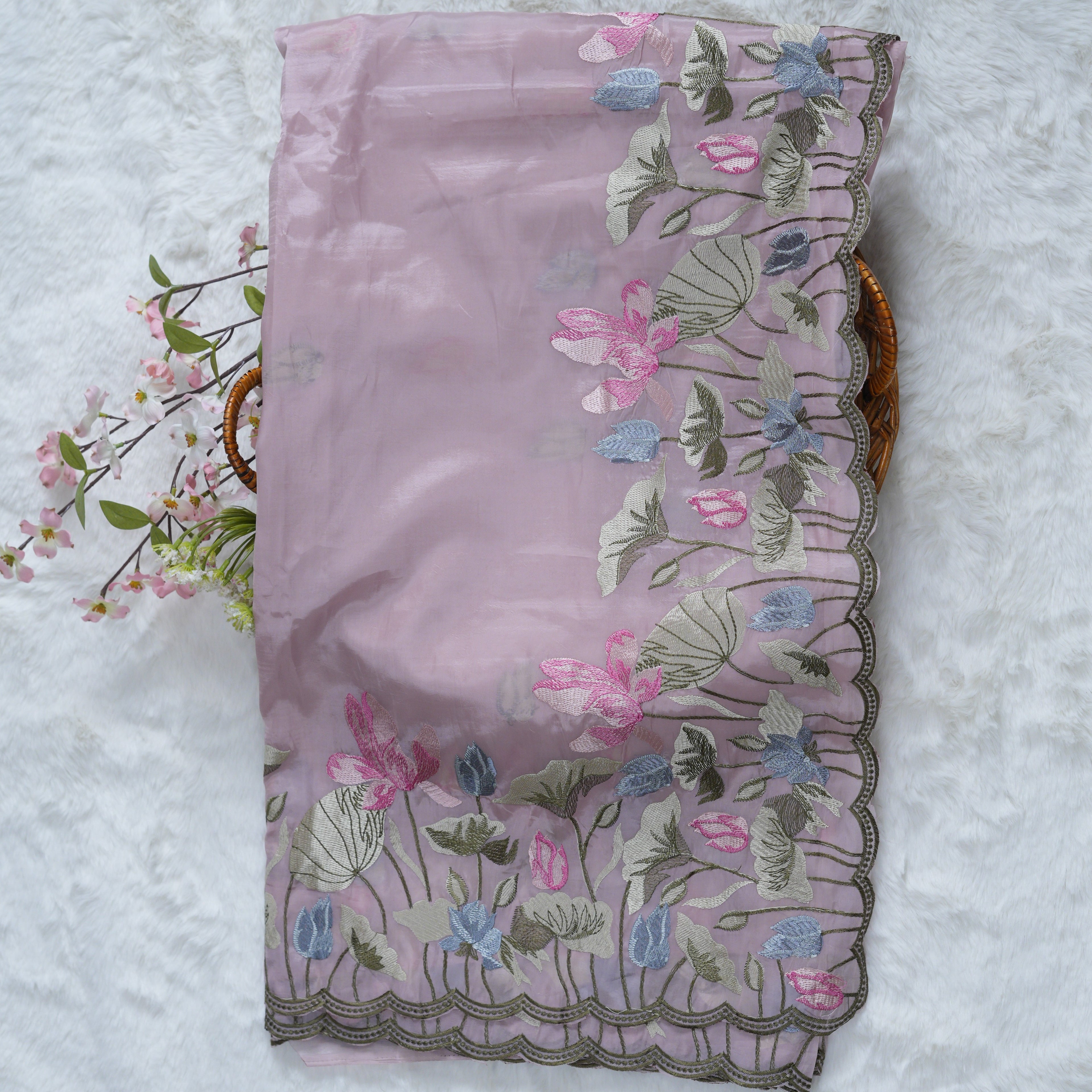 Blush Pink Floral-Embroidered Organza Saree