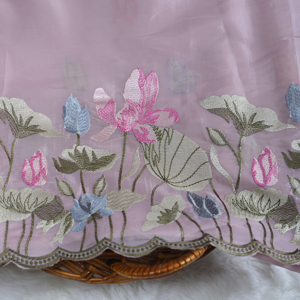 Blush Pink Floral-Embroidered Organza Saree