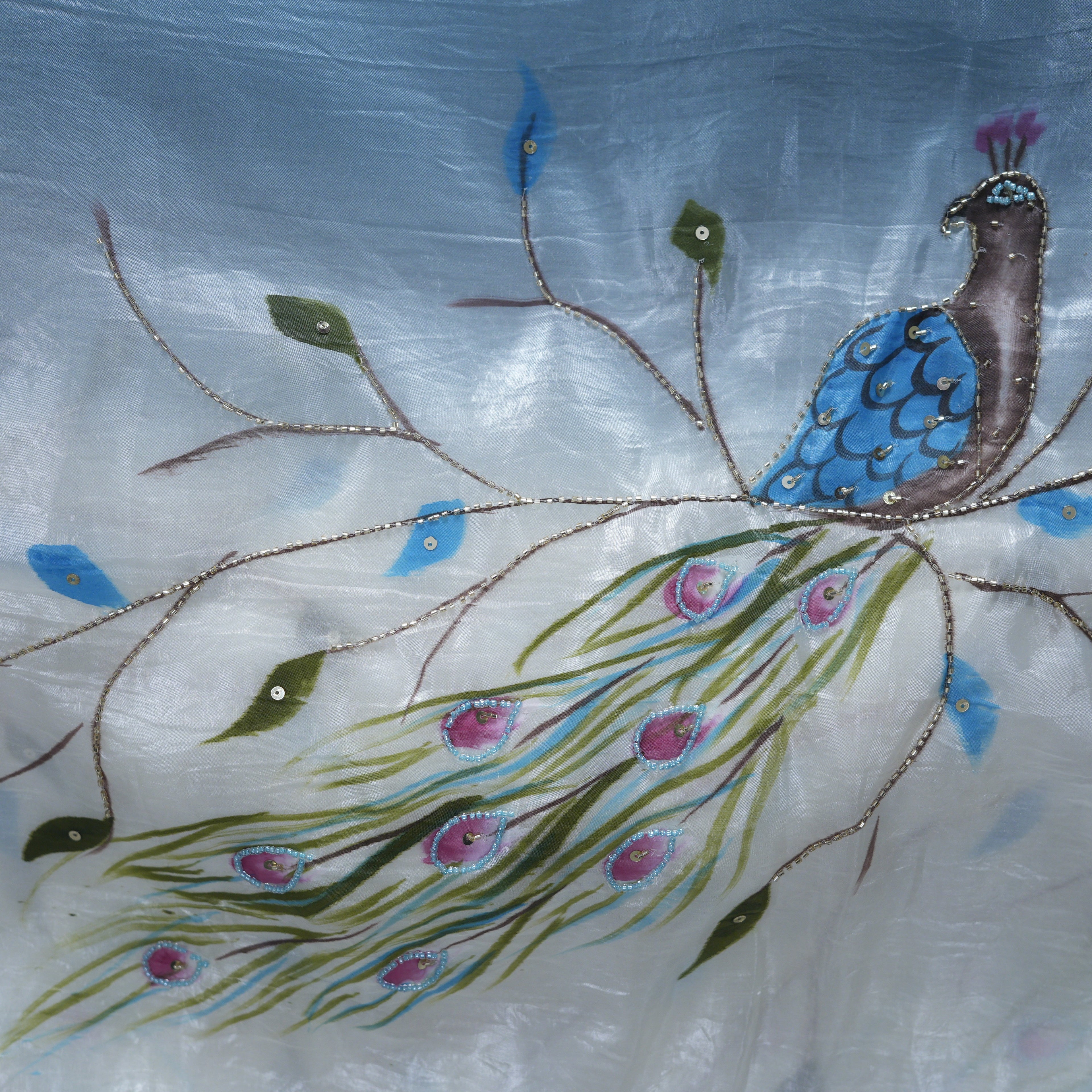 Blue Peacock Hand-Painted Textured Silk Saree with Khatli Work