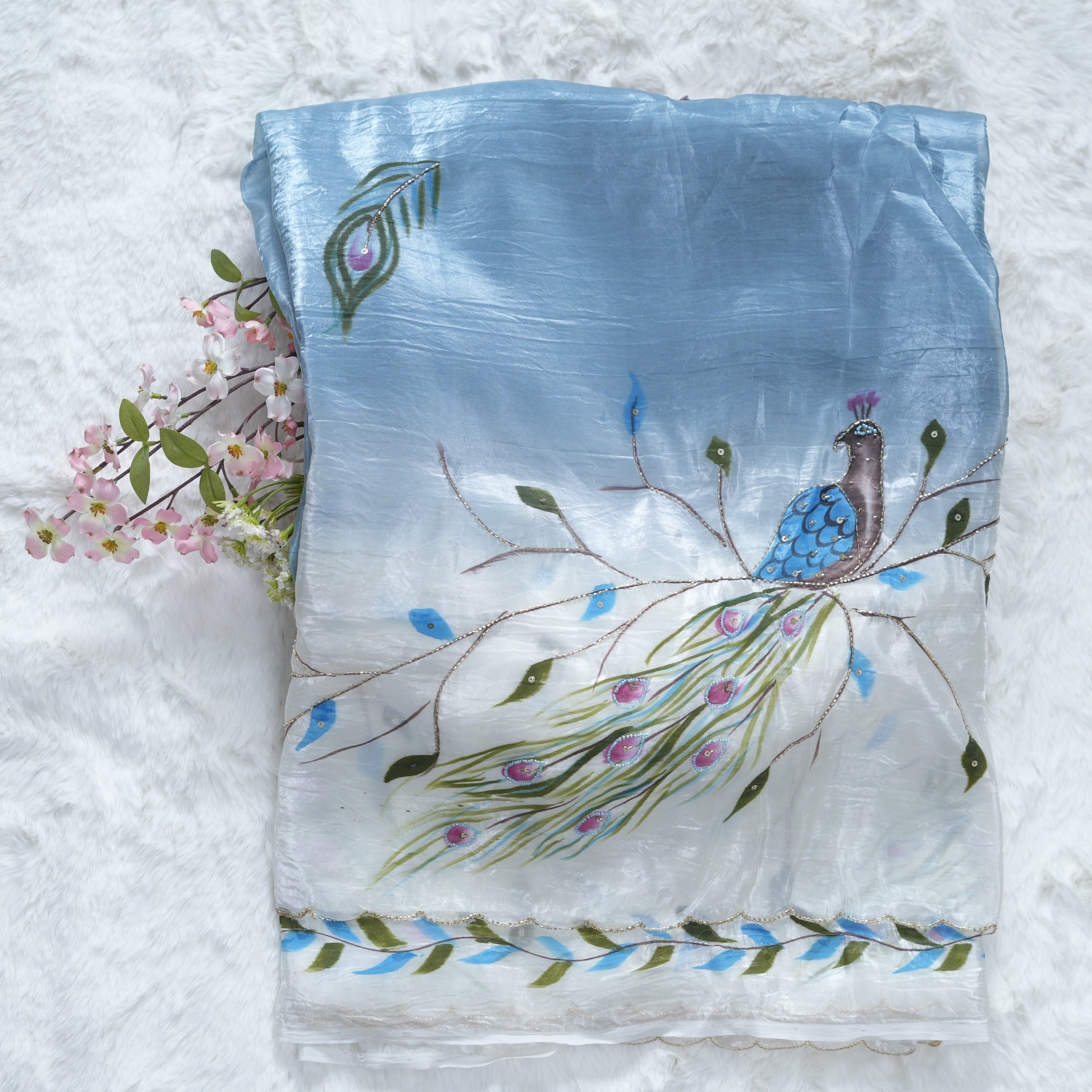Blue Peacock Hand-Painted Textured Silk Saree with Khatli Work