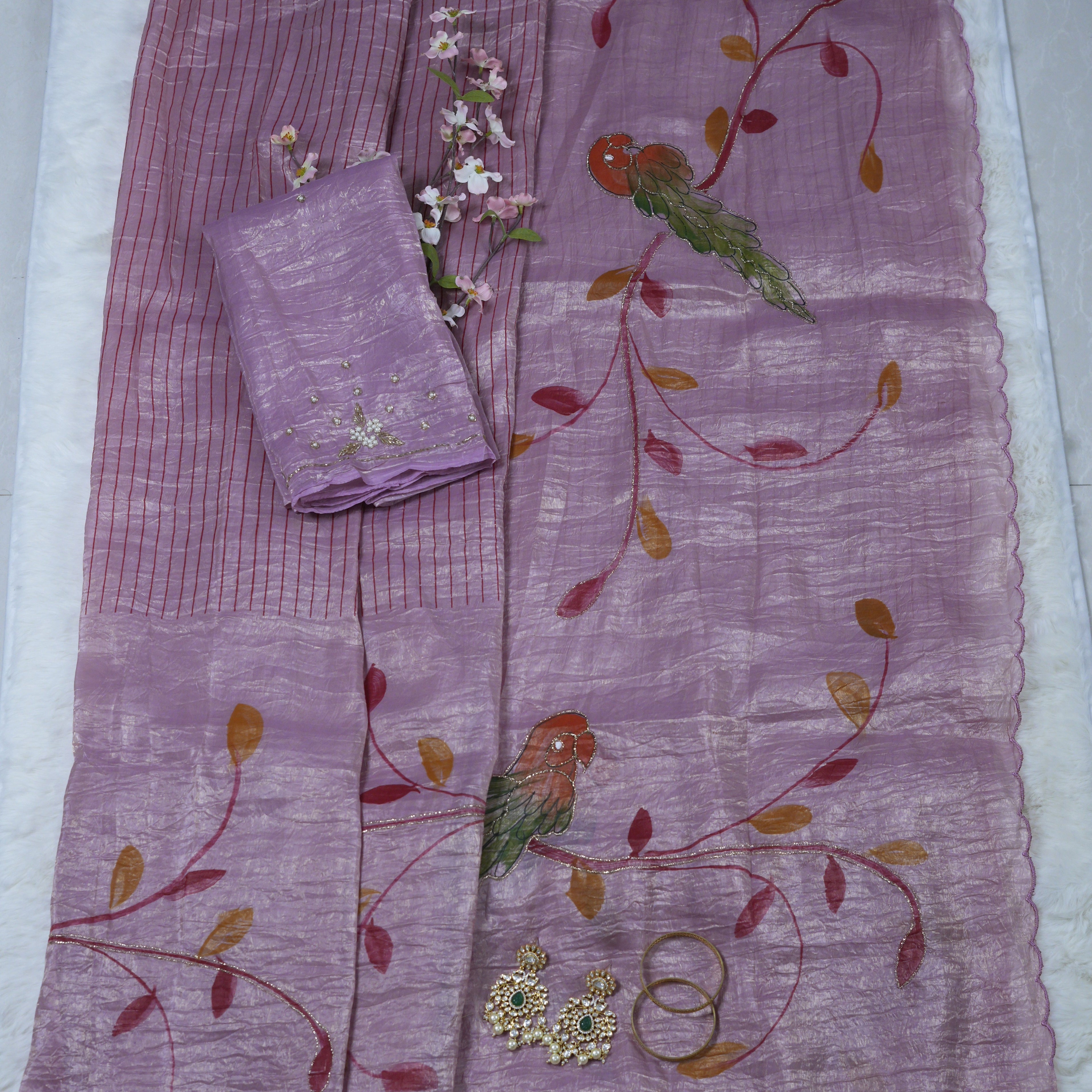 Dusty Pink Parrot Hand-Painted Textured Silk Saree