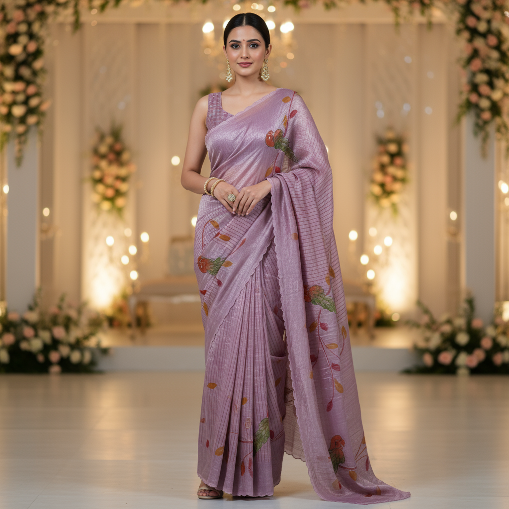 Dusty Pink Parrot Hand-Painted Textured Silk Saree
