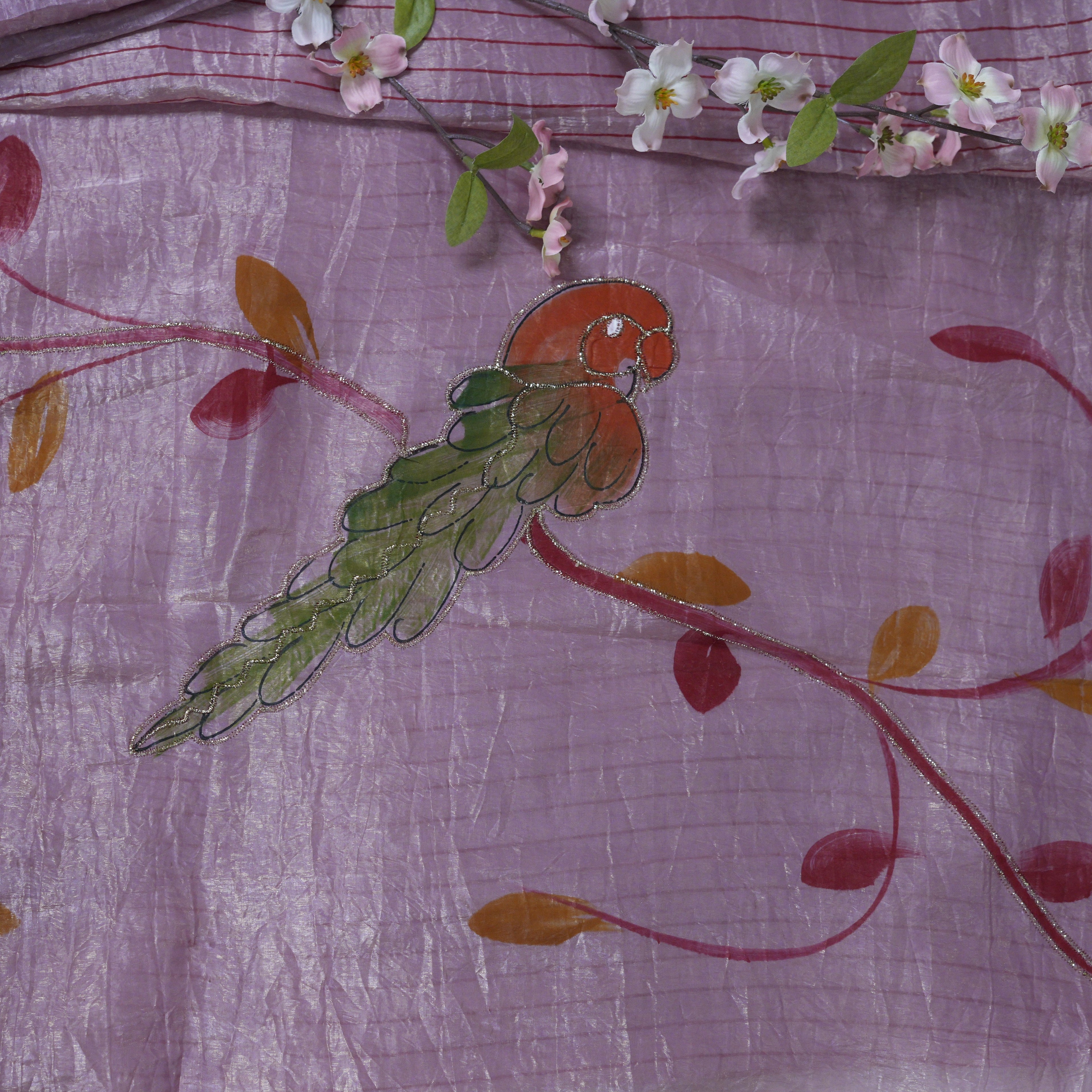 Dusty Pink Parrot Hand-Painted Textured Silk Saree