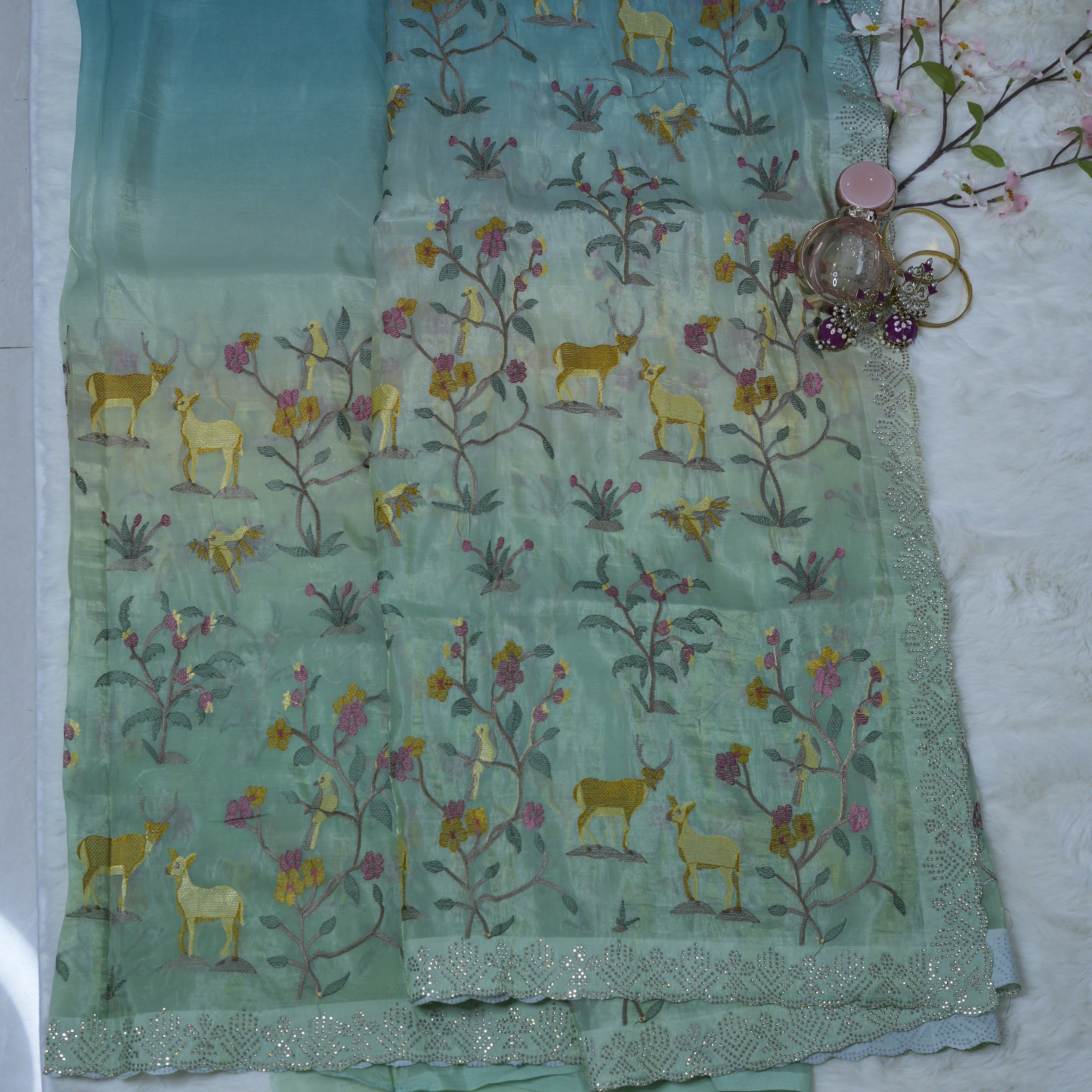 Blue & Green Ombre Deer-Embroidered Organza Saree