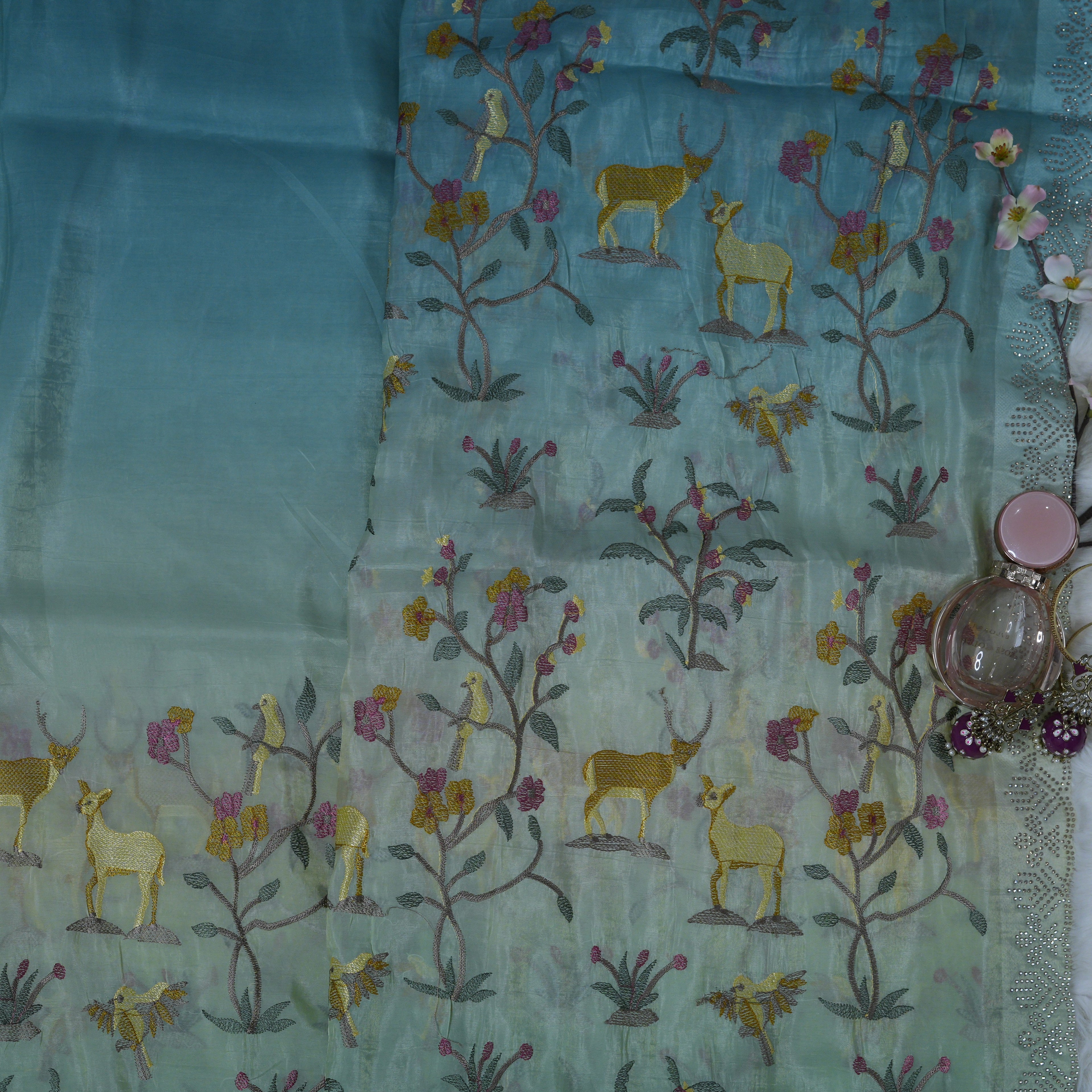 Blue & Green Ombre Deer-Embroidered Organza Saree