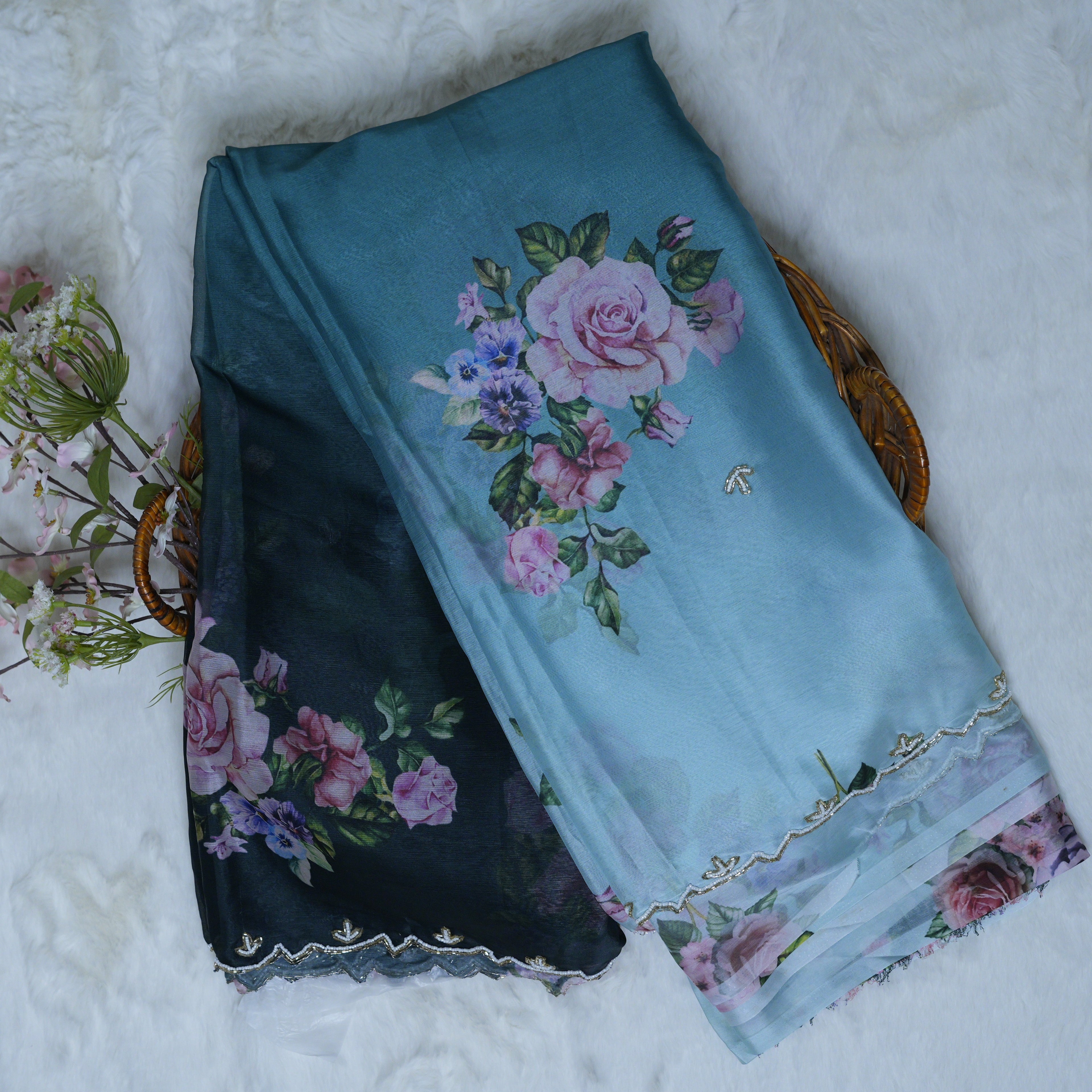 Emerald Ombre Floral Georgette Saree with Pearl & Khatli Handwork