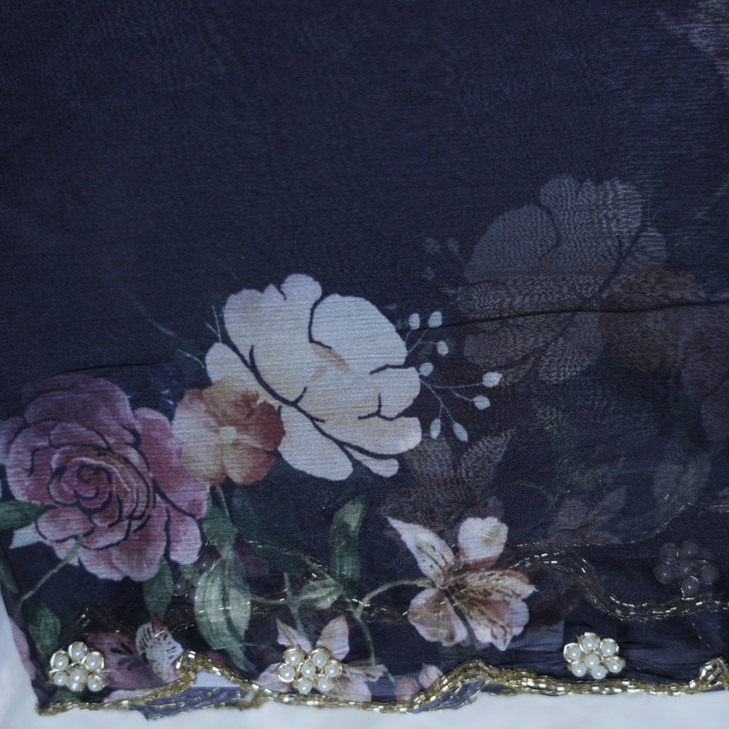 Purple Ombre Floral Georgette Saree with Pearl & Khatli Handwork