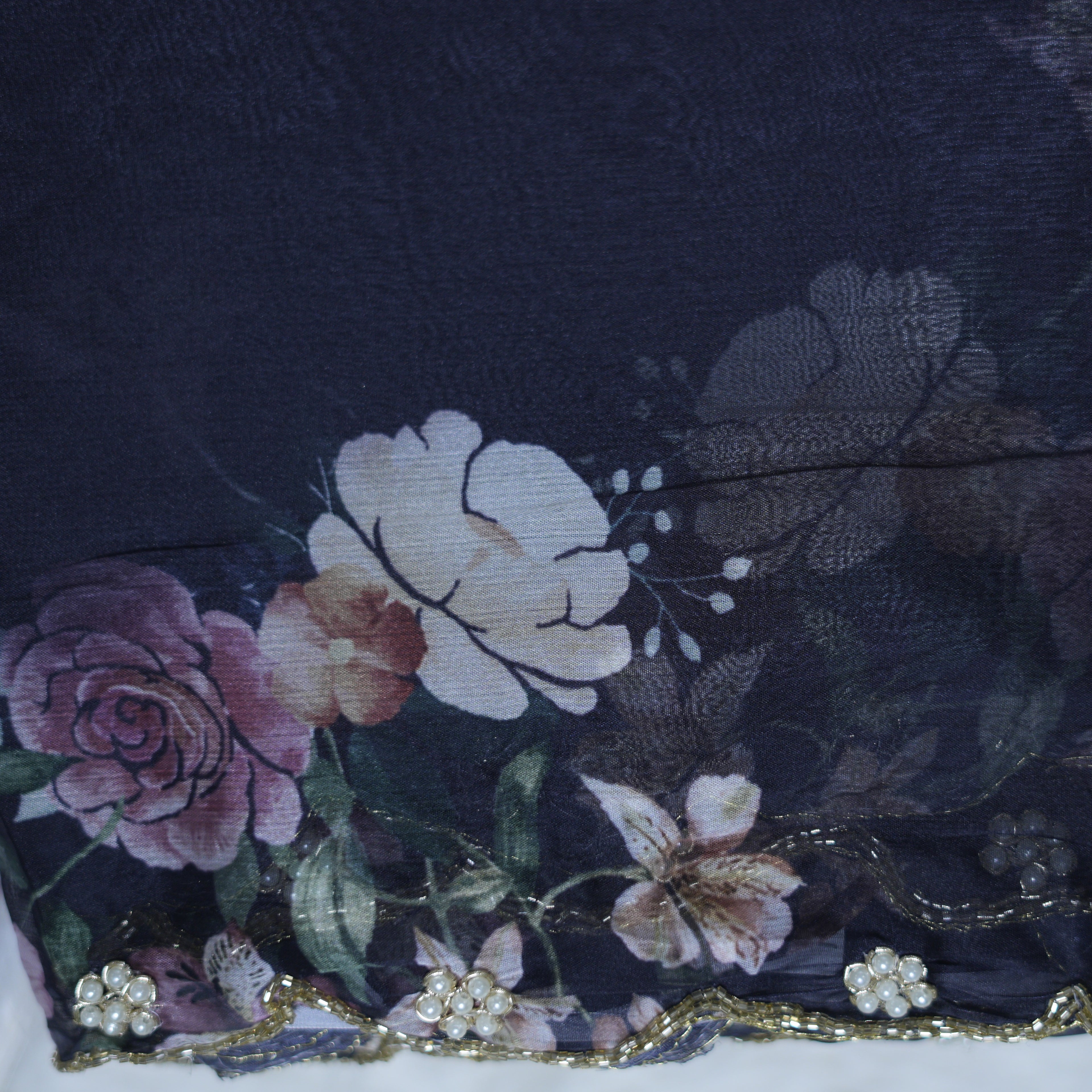 Purple Ombre Floral Georgette Saree with Pearl & Khatli Handwork