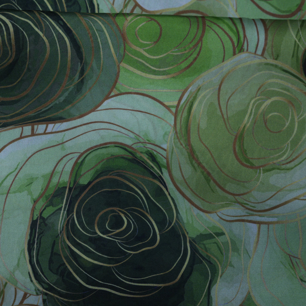 Emerald Rose Swirl Digital Printed Satin Saree with Gloss Finish