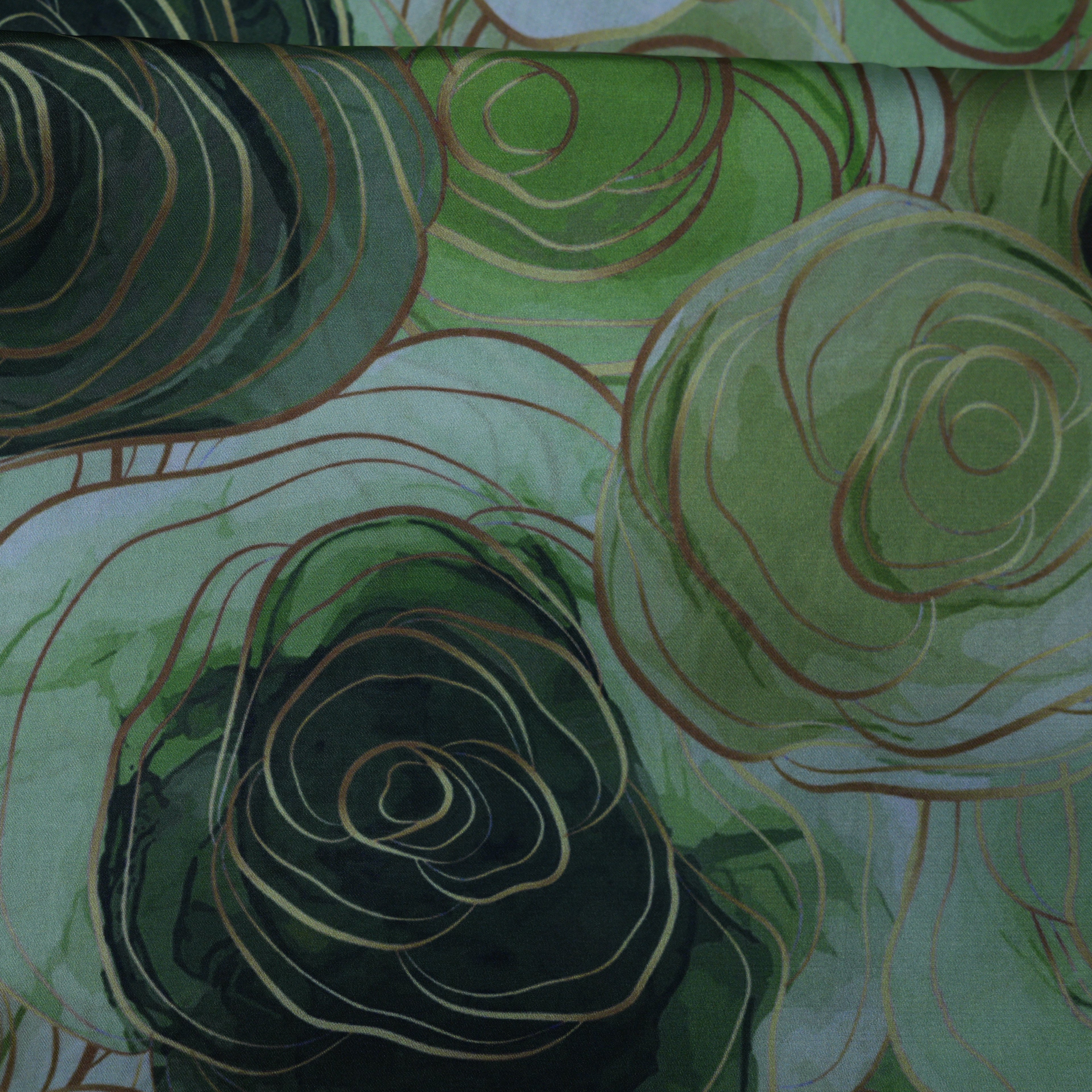 Emerald Rose Swirl Digital Printed Satin Saree with Gloss Finish