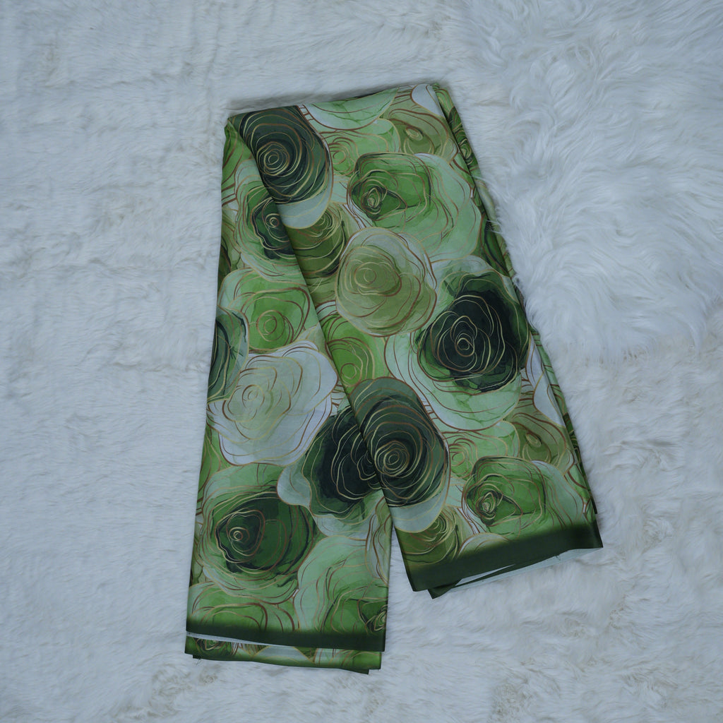 Emerald Rose Swirl Digital Printed Satin Saree with Gloss Finish