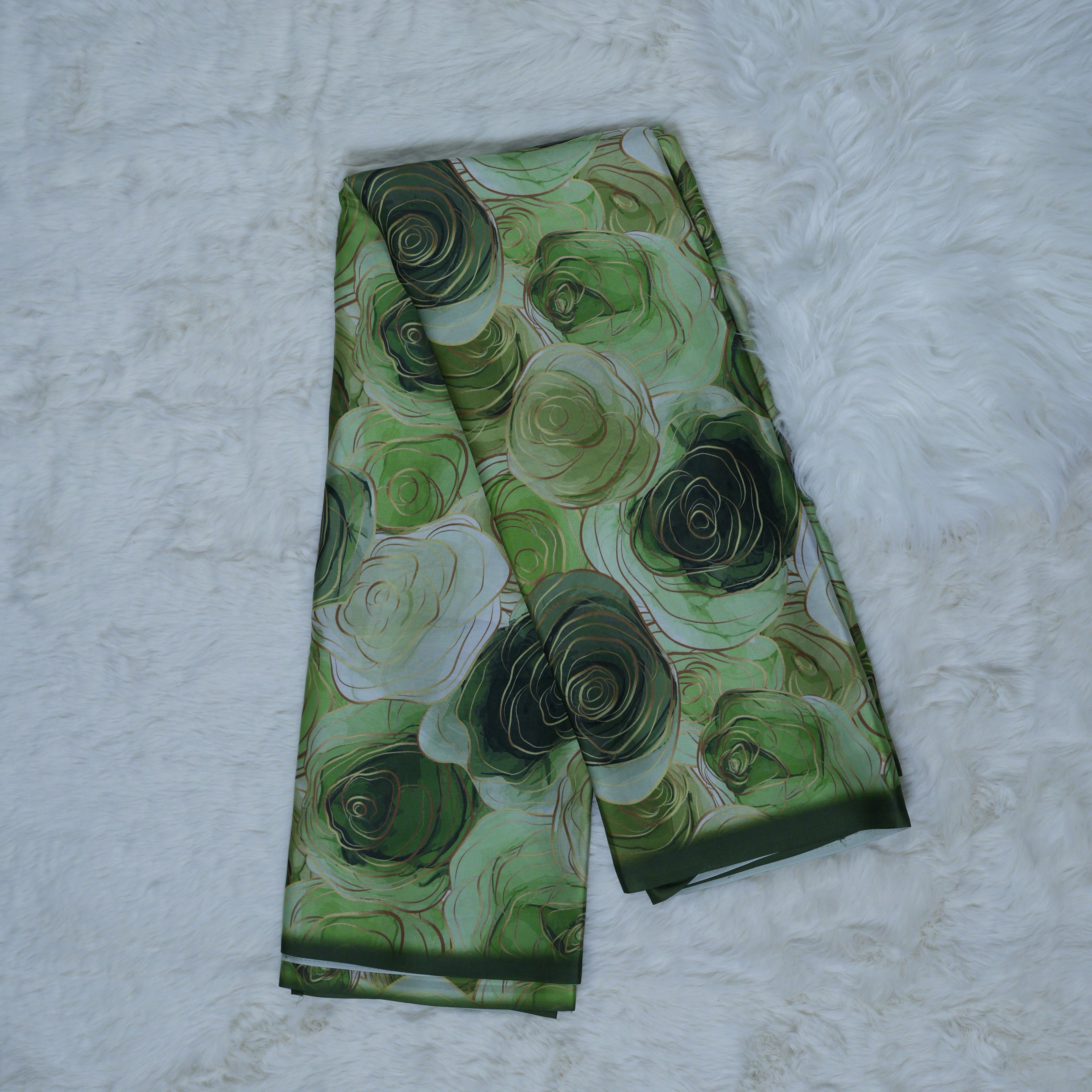 Emerald Rose Swirl Digital Printed Satin Saree with Gloss Finish