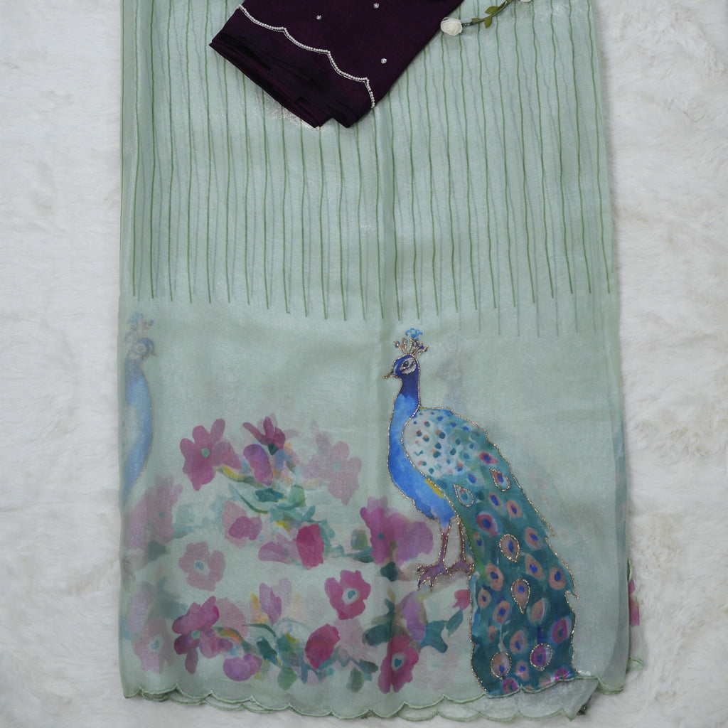 Pastel Green Peacock Digital Printed Organza Saree with Golden Threadwork