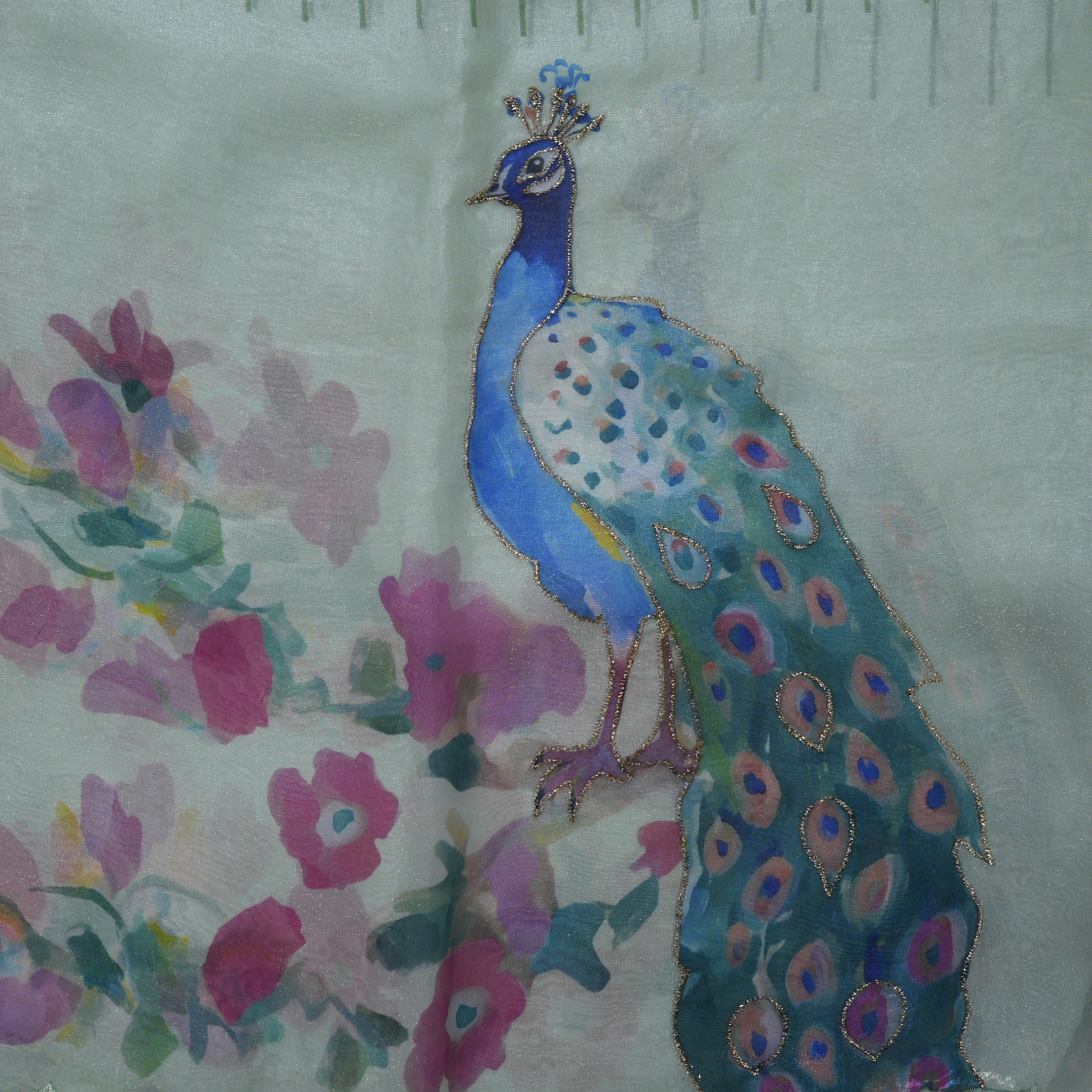Pastel Green Peacock Digital Printed Organza Saree with Golden Threadwork