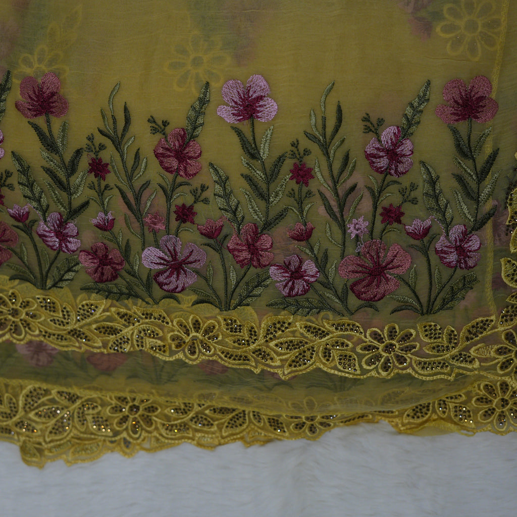 Sunshine Yellow Floral Stalks Embroidered Chiffon Saree with Stone Work