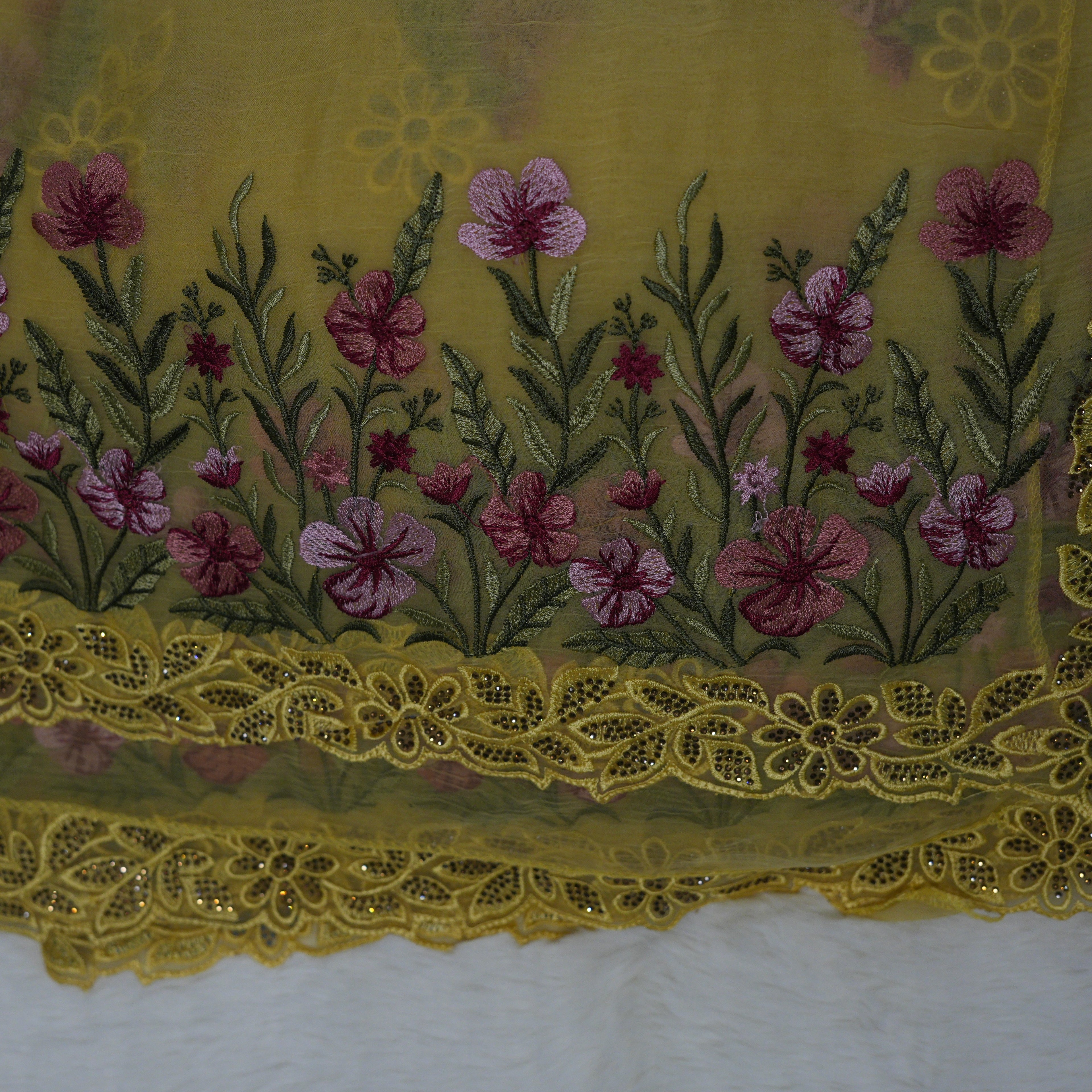 Sunshine Yellow Floral Stalks Embroidered Chiffon Saree with Stone Work