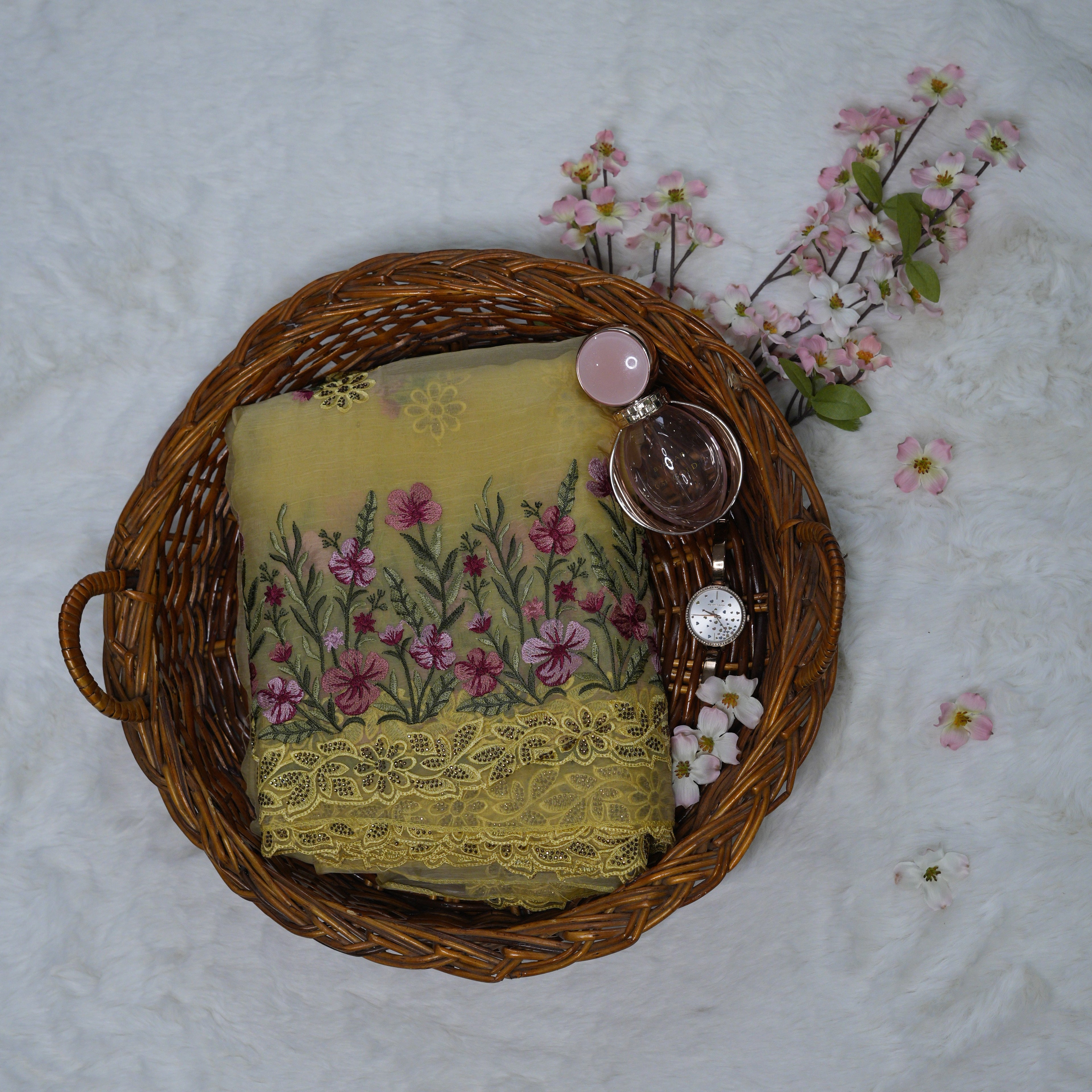 Sunshine Yellow Floral Stalks Embroidered Chiffon Saree with Stone Work