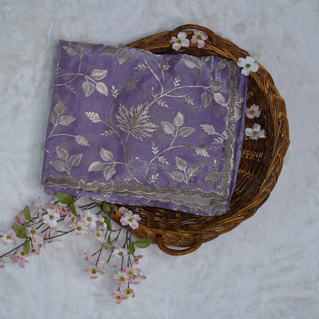 Lavender Golden Vines Embroidered Organza Saree with Stone Work
