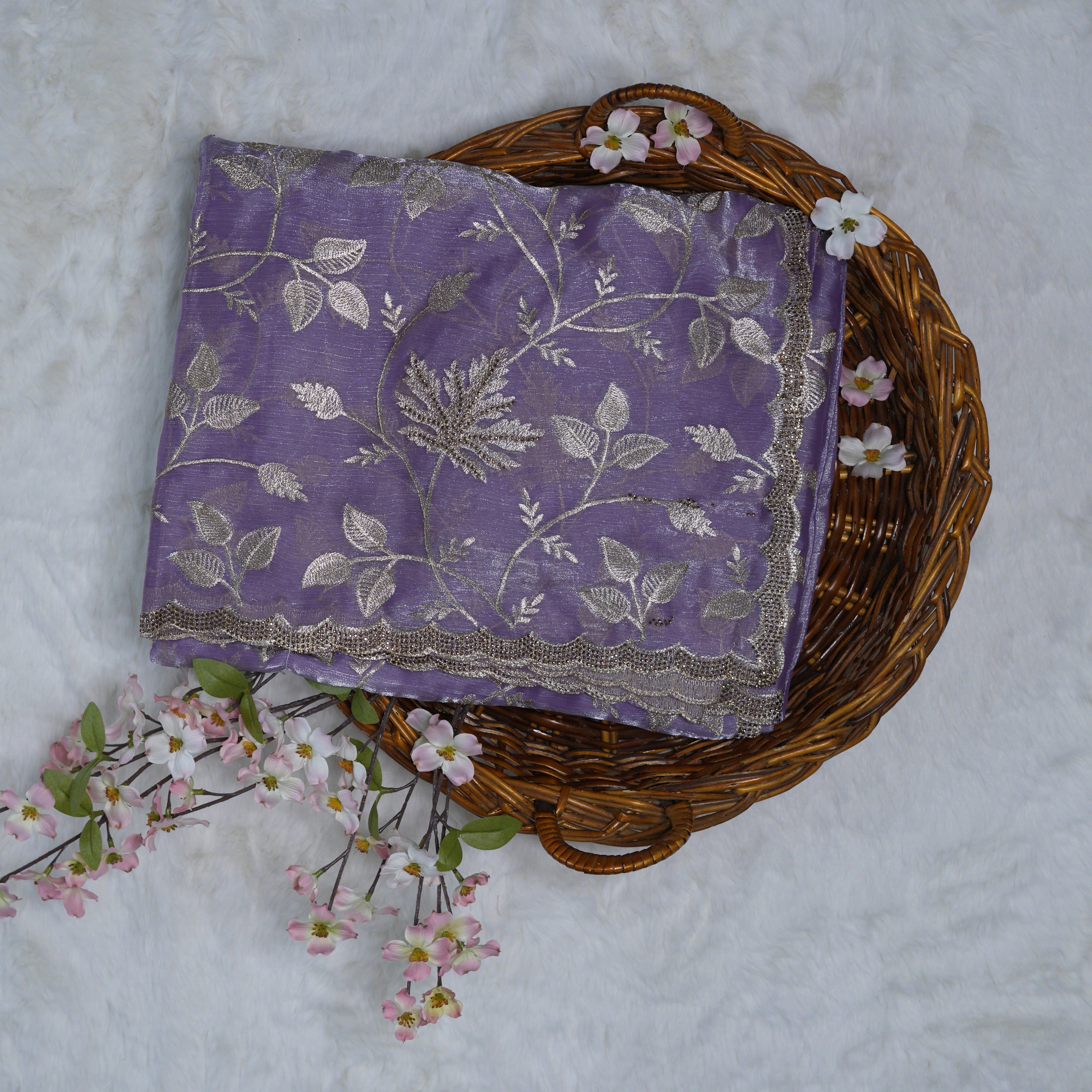 Lavender Golden Vines Embroidered Organza Saree with Stone Work
