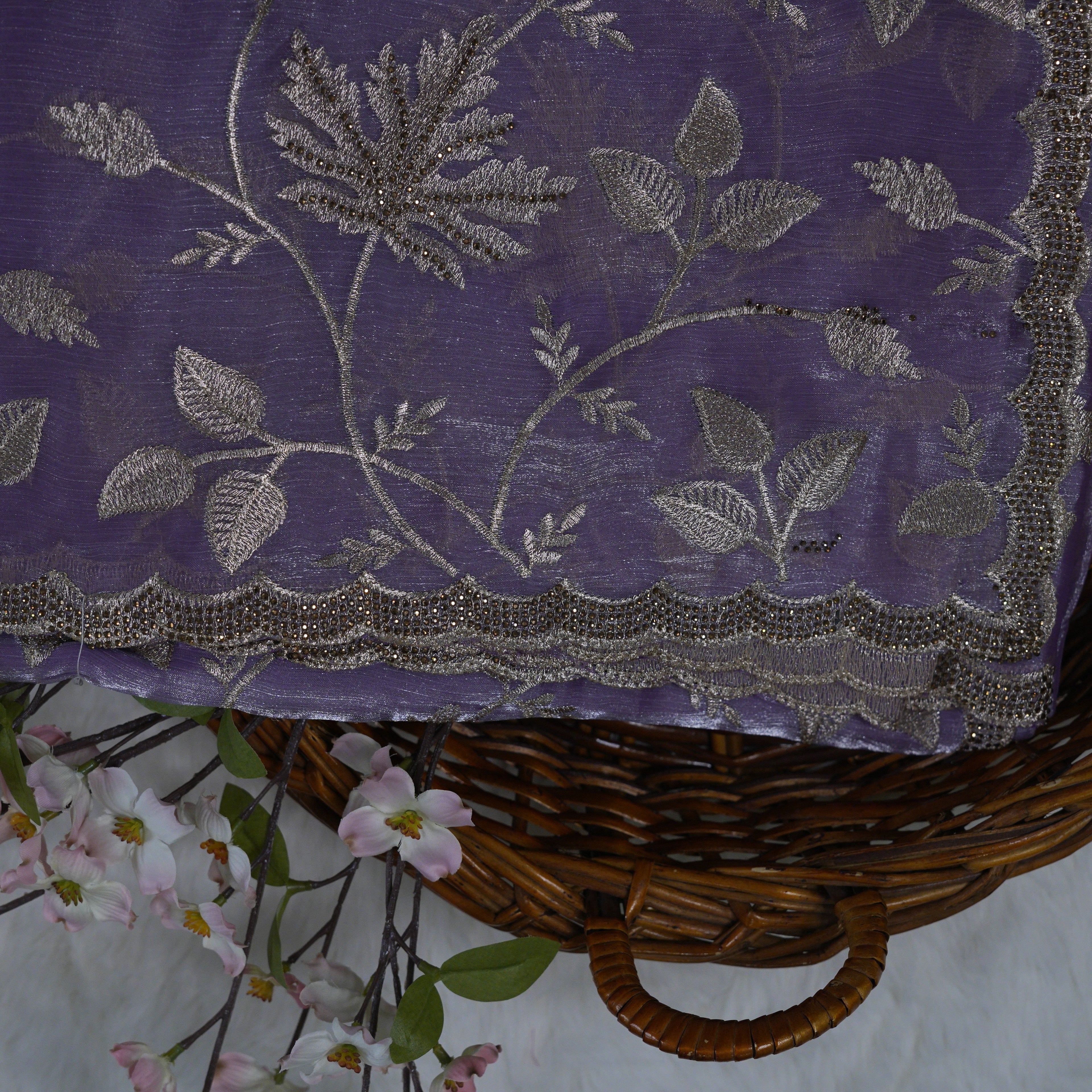 Lavender Golden Vines Embroidered Organza Saree with Stone Work