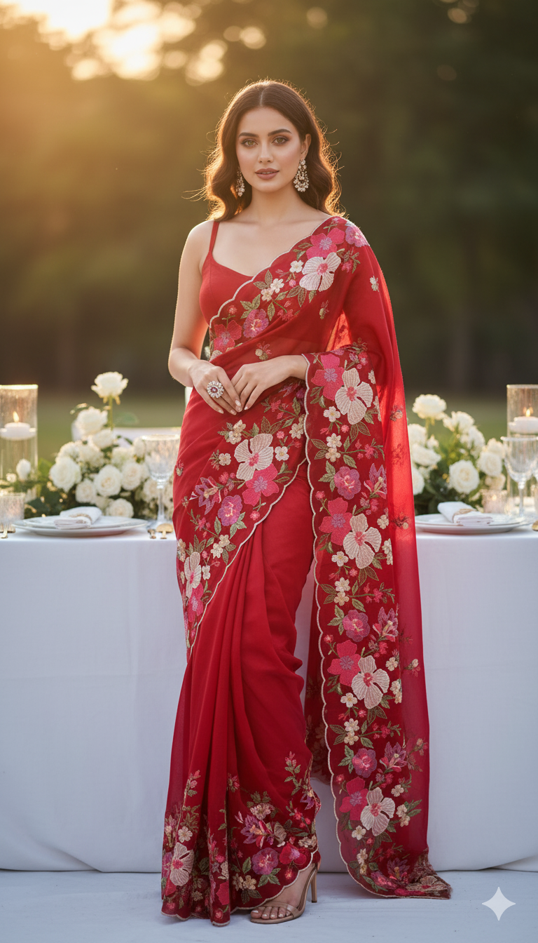 Scarlet Red Floral Embroidered Silk Saree