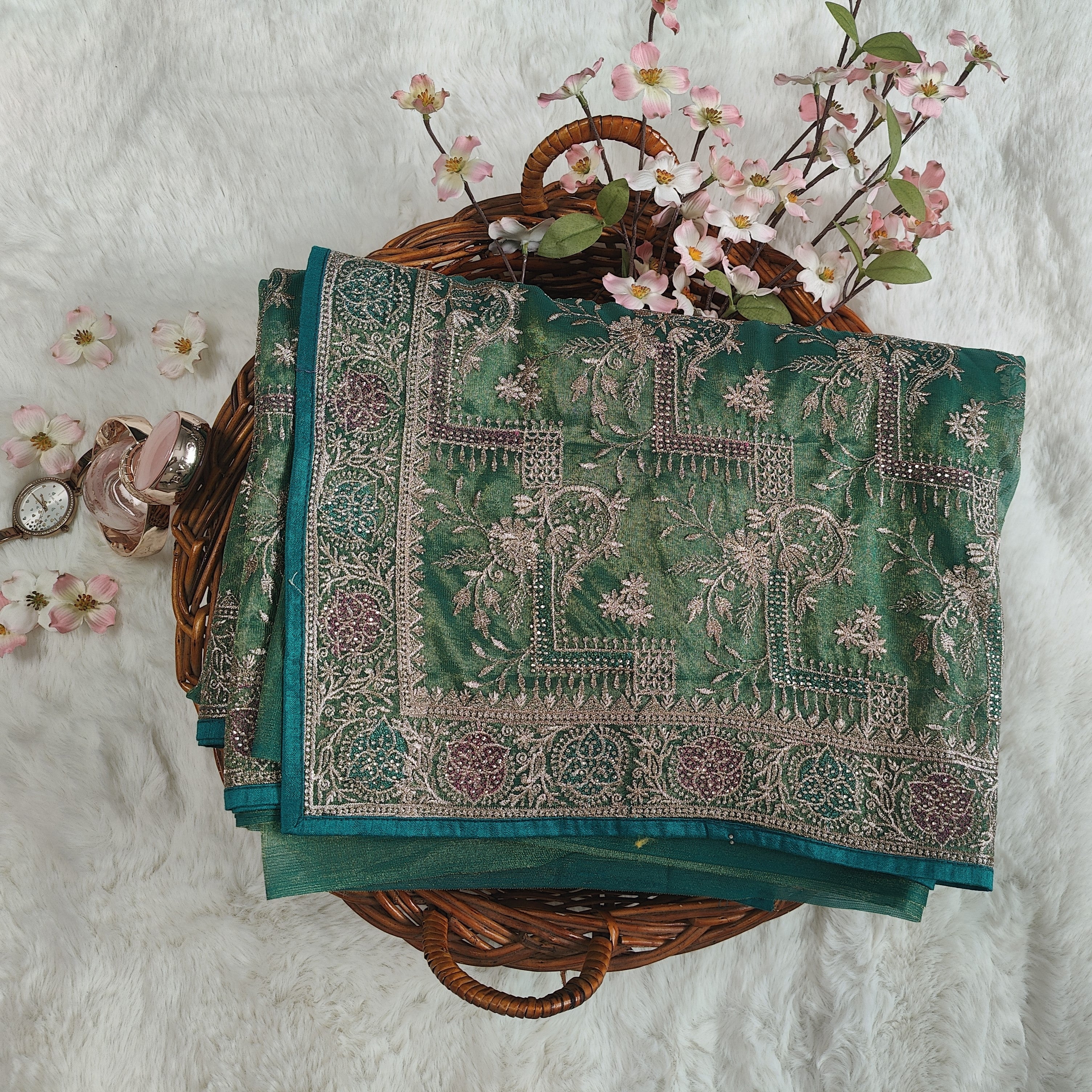 Green Ethereal Step Design Floral Organza Saree