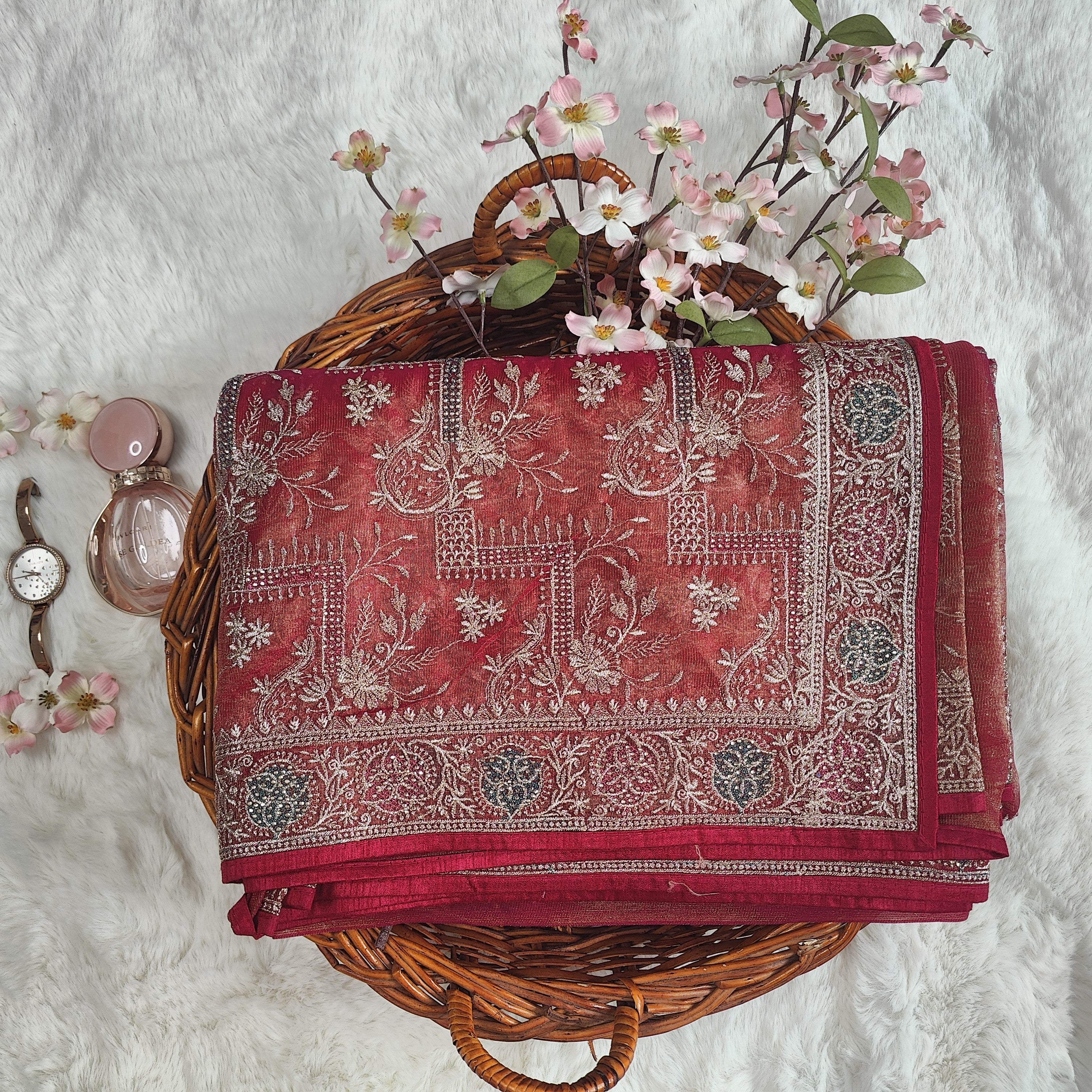 Brick Red Ethereal Step Design Floral Organza Saree