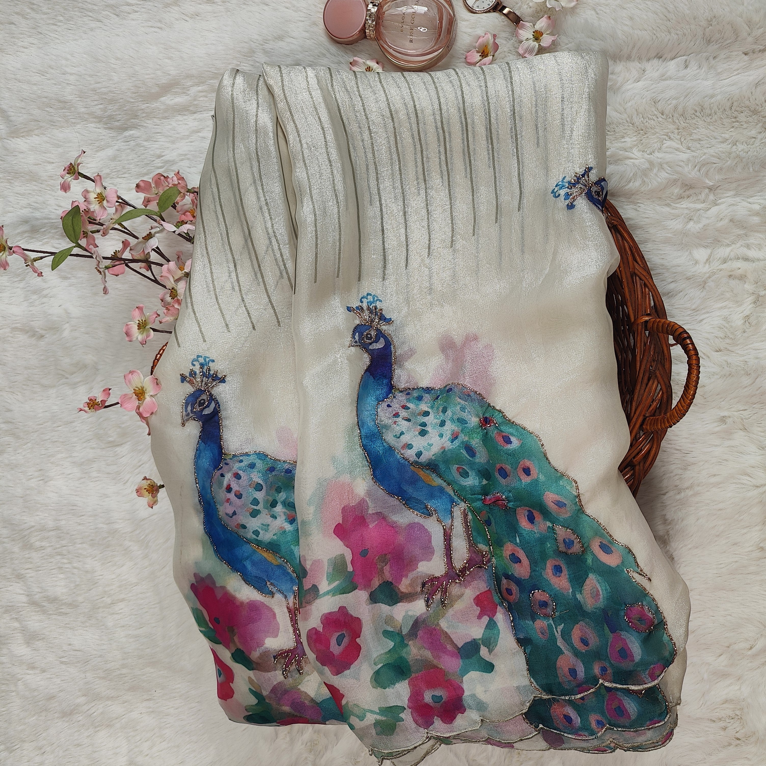 Pastel Ivory Peacock Digital Printed Silk Saree with Golden Threadwork