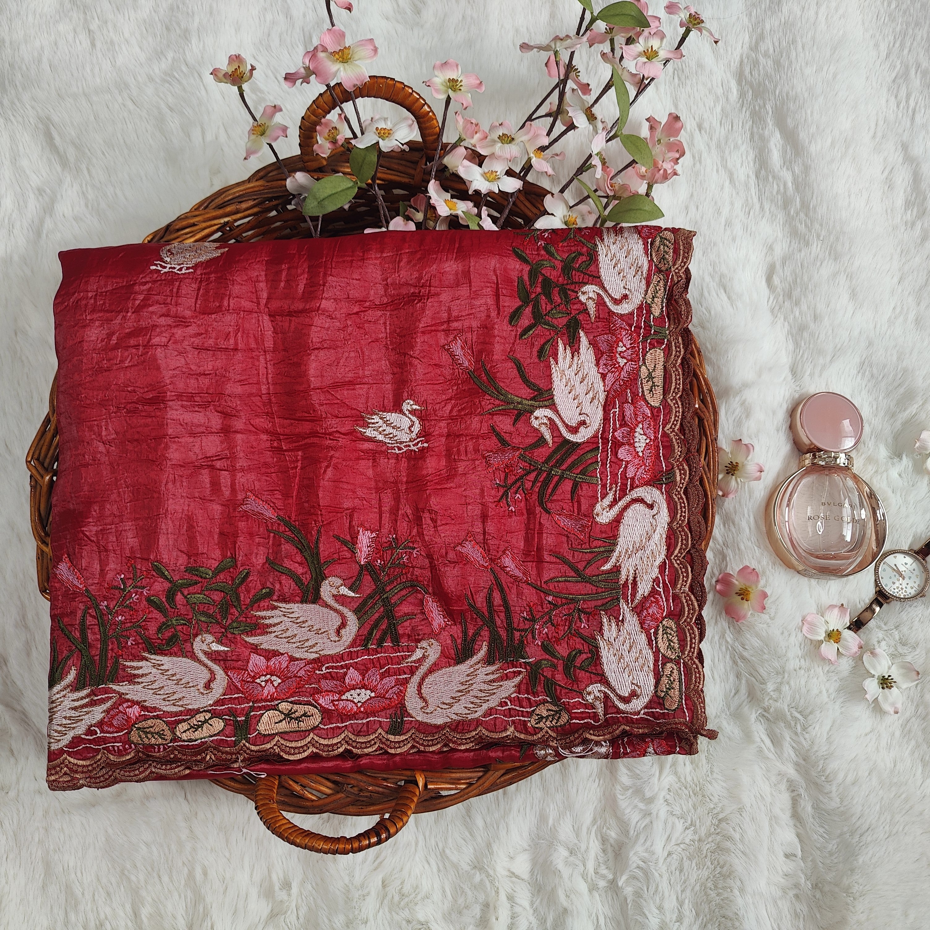 Crimson Red Swan Embroidered Crushed-Texture Saree