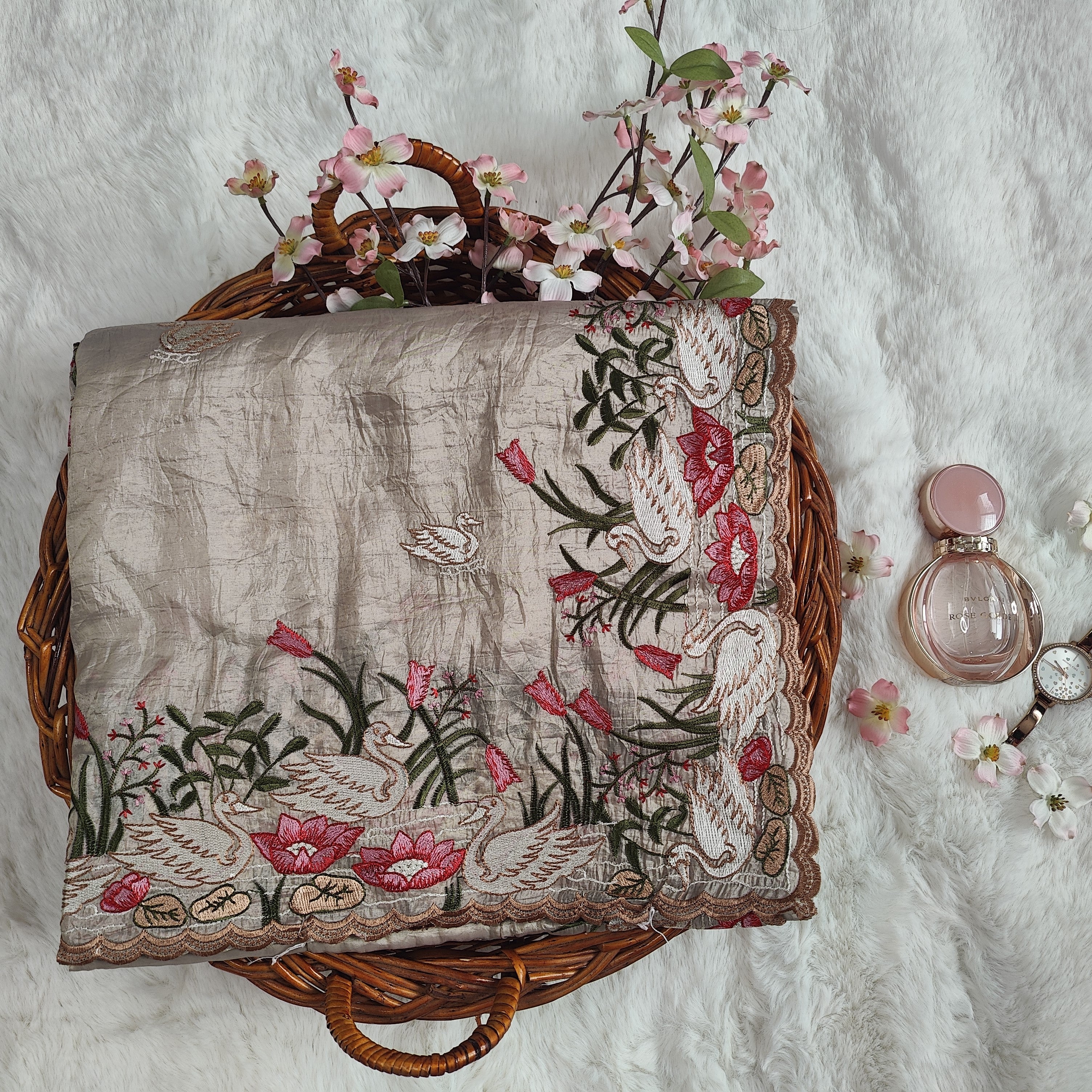 Beige Swan Embroidered Crushed-Texture Saree