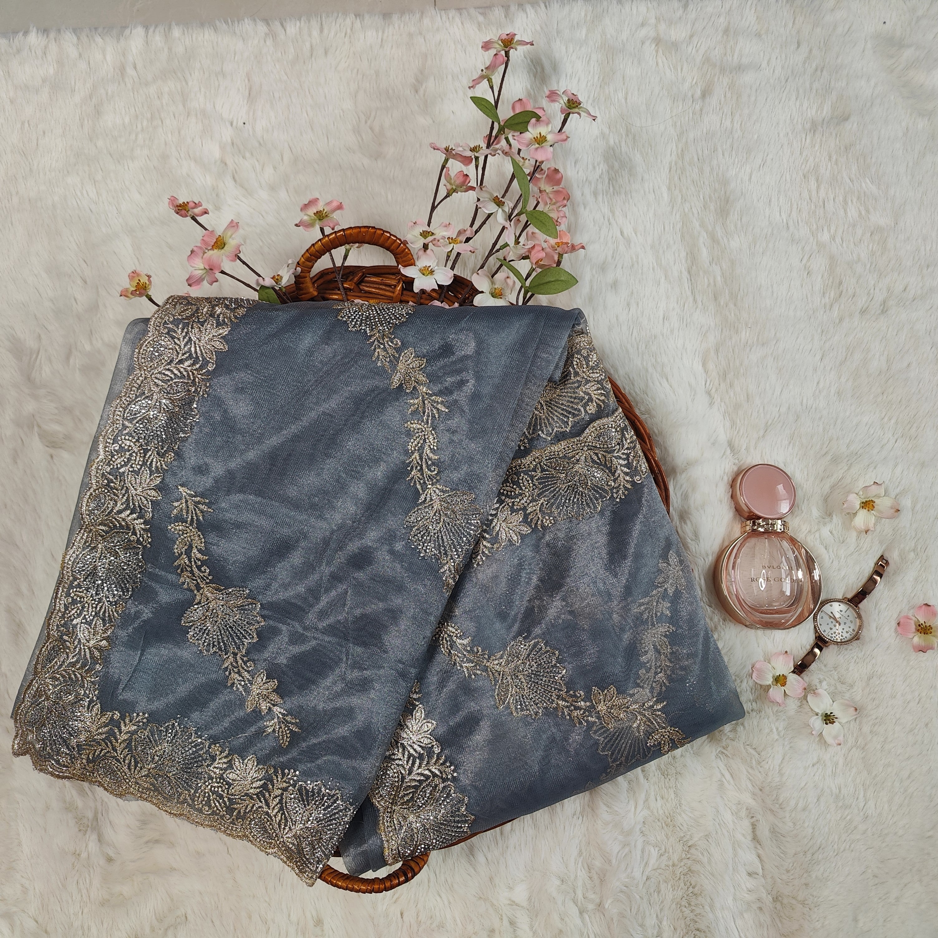 Sparkling Silver-Grey Floral Embroidered Organza Saree