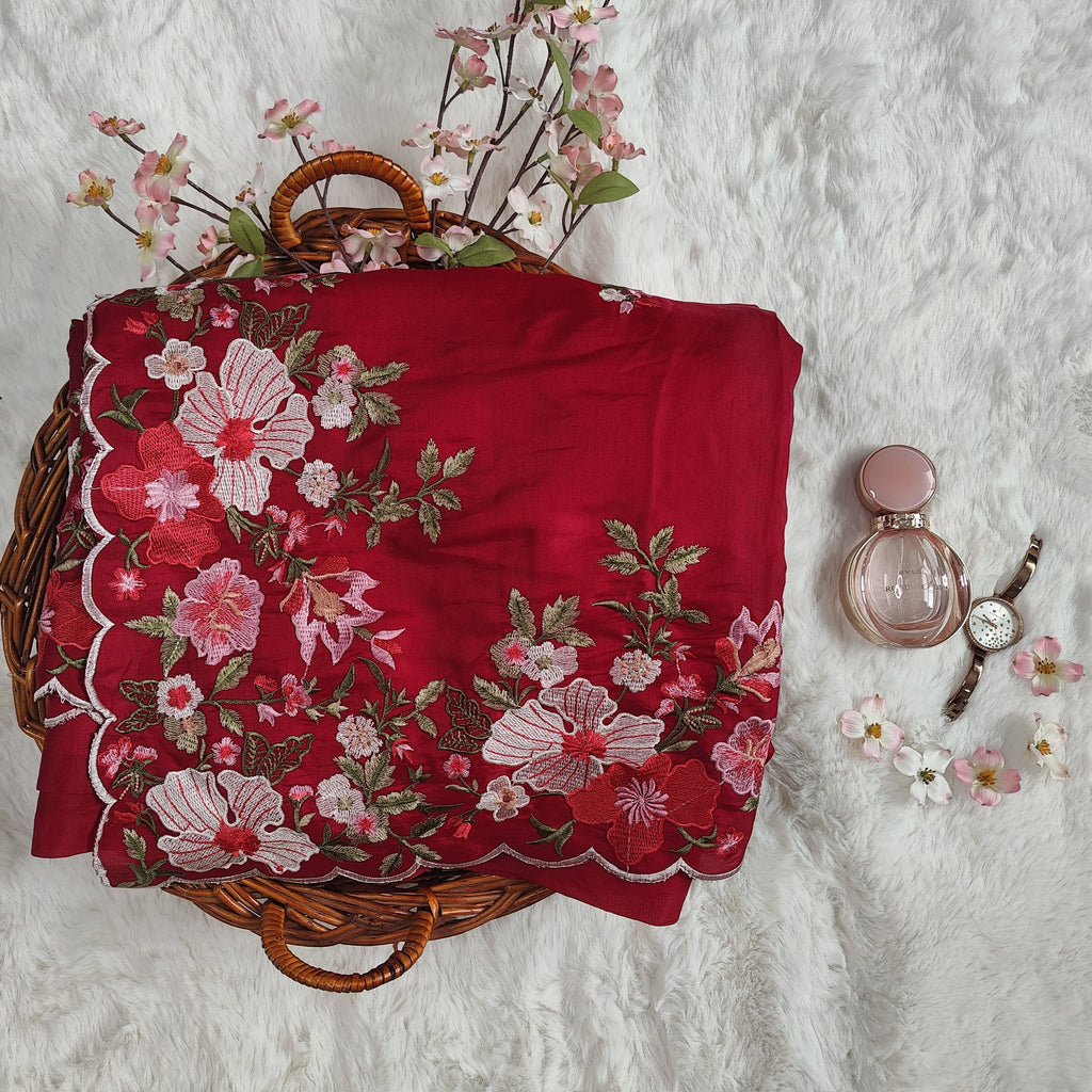 Scarlet Red Floral Embroidered Silk Saree