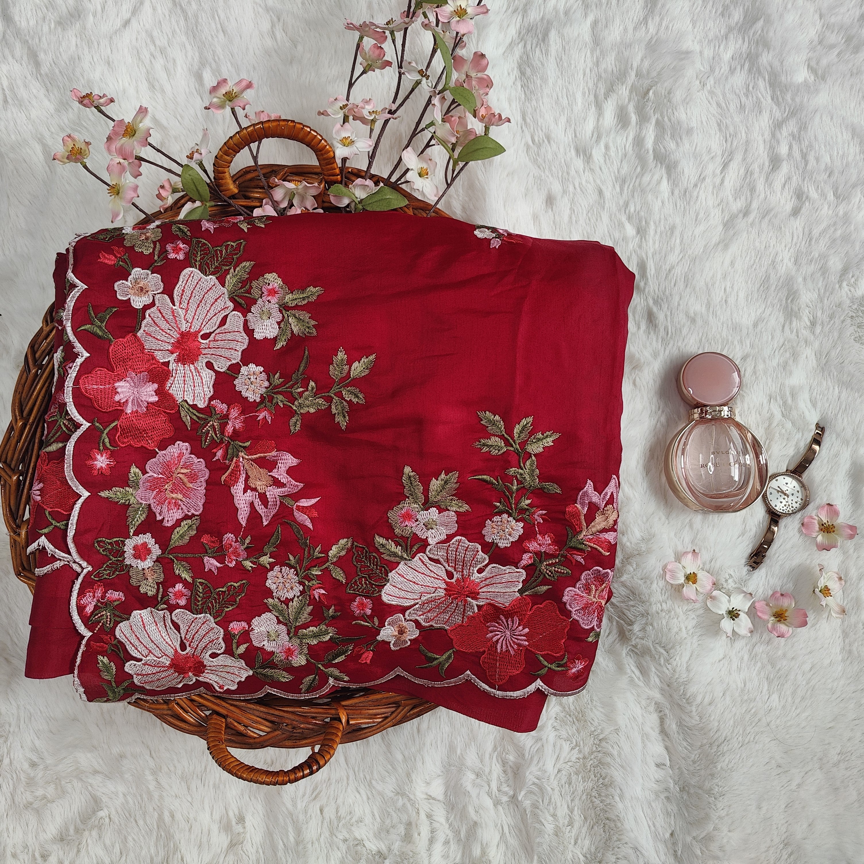 Scarlet Red Floral Embroidered Silk Saree