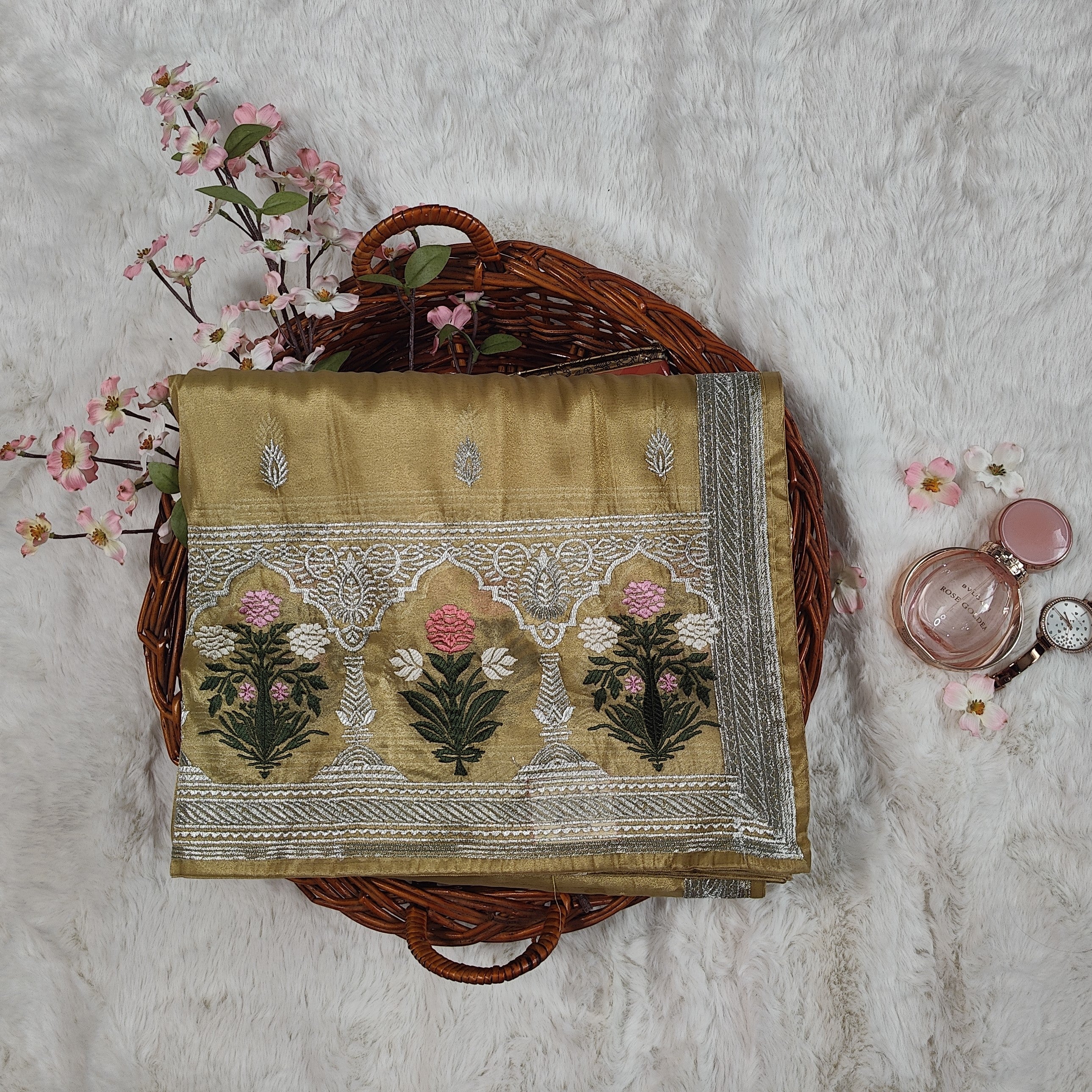 Golden Yellow Floral Weaving Organza Saree