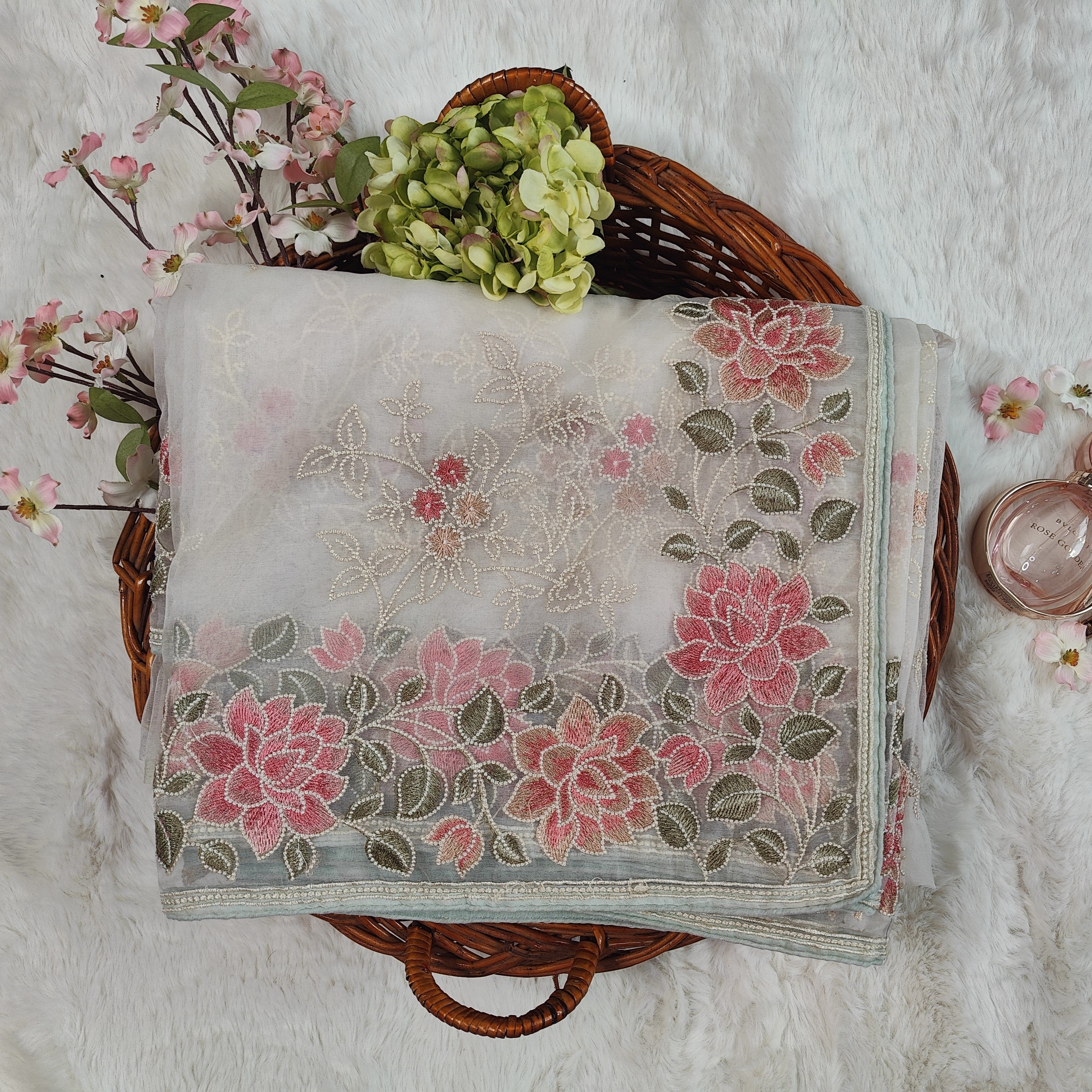 Ivory White Pink Dahlia Floral Embroidered Organza Saree