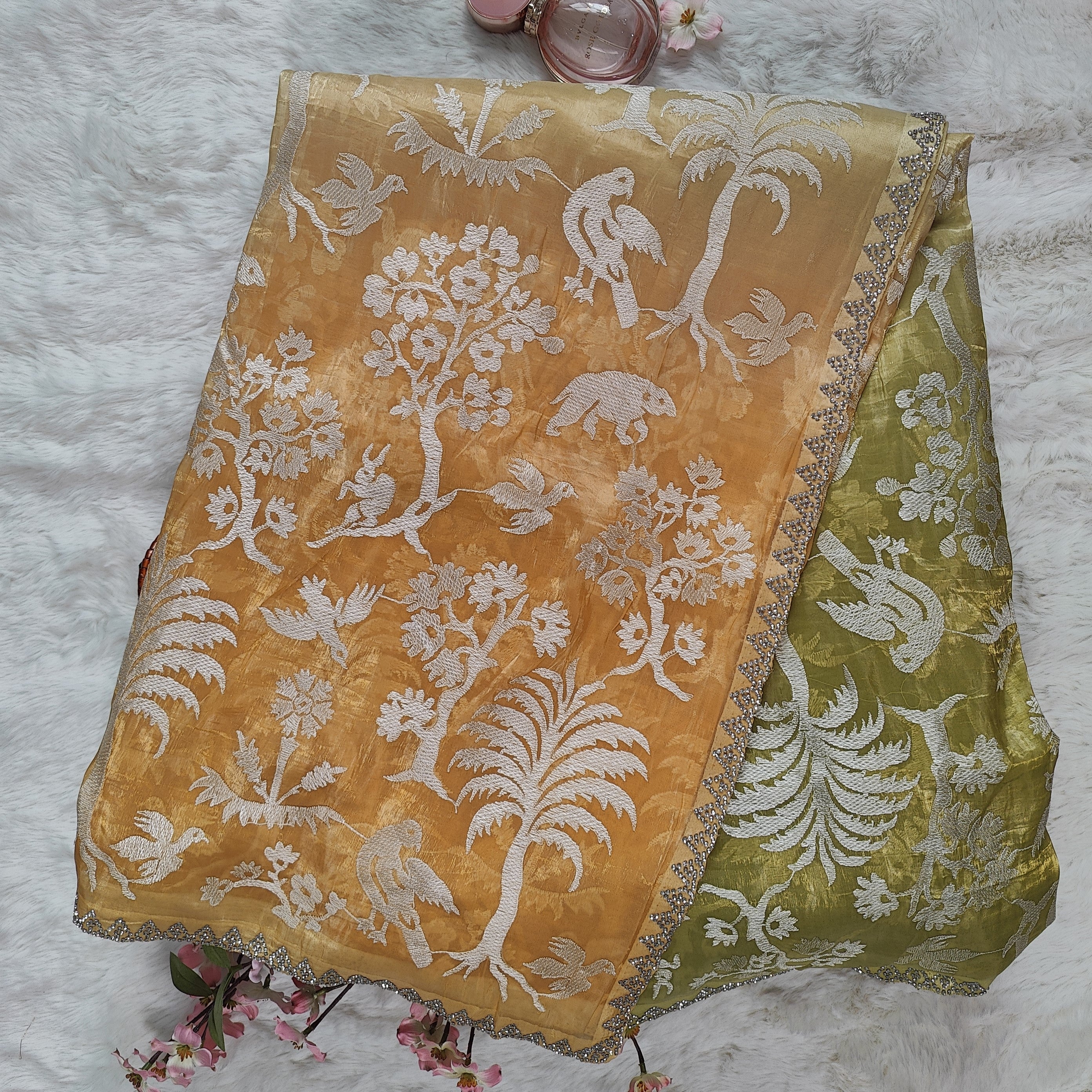 Yellow & Green Mystical Forest Embroidered Silk Saree with Stone Work