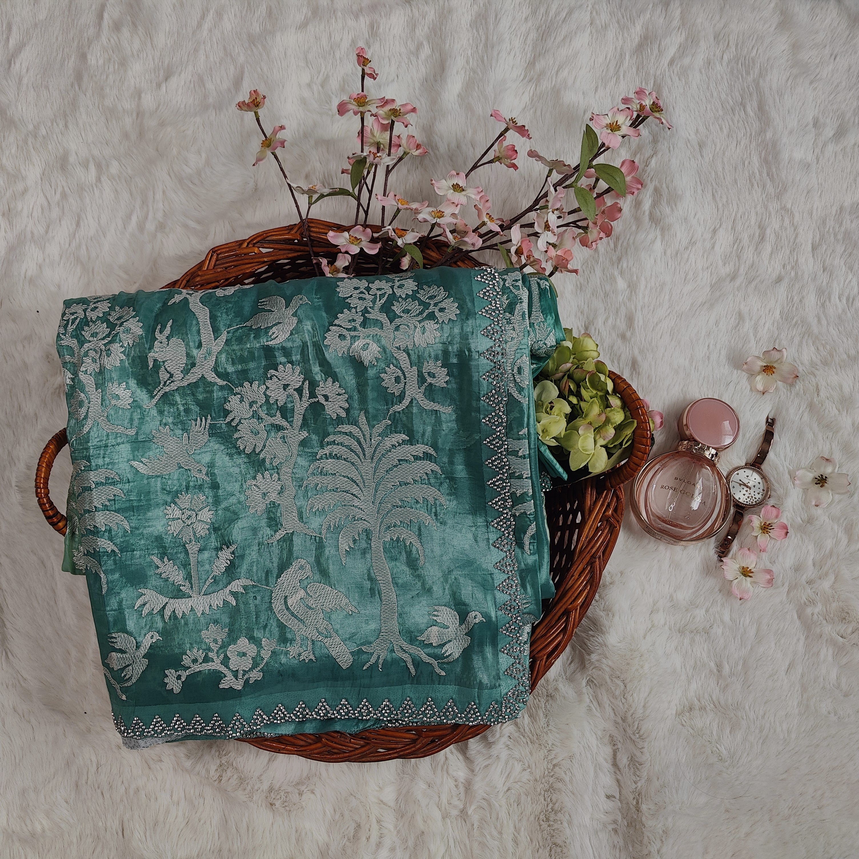 Green Ombre Mystical Forest Embroidered Silk Saree with Stone Work