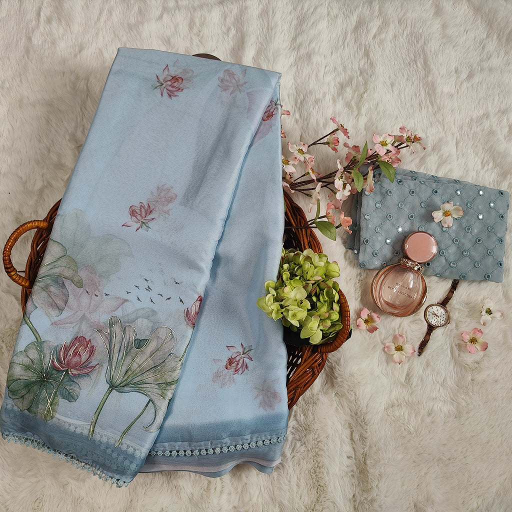 Pastel Greyish Blue Lotus Printed Georgette Saree with Lace Border