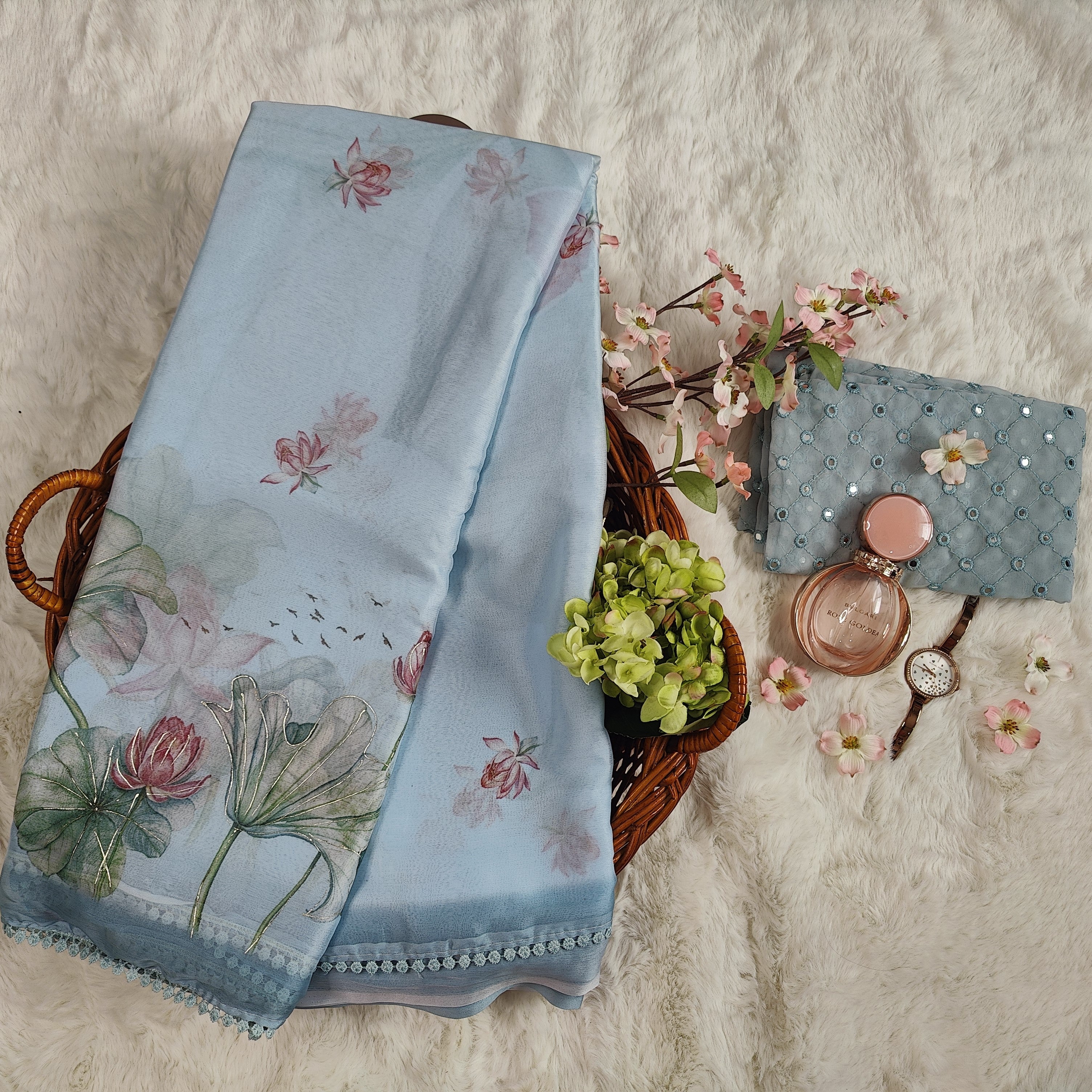 Pastel Greyish Blue Lotus Printed Georgette Saree with Lace Border