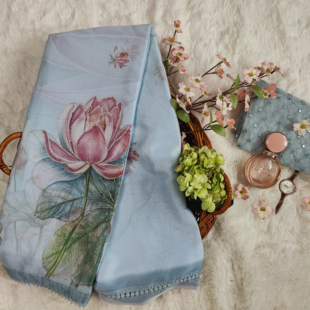 Pastel Greyish Blue Lotus Printed Georgette Saree with Lace Border