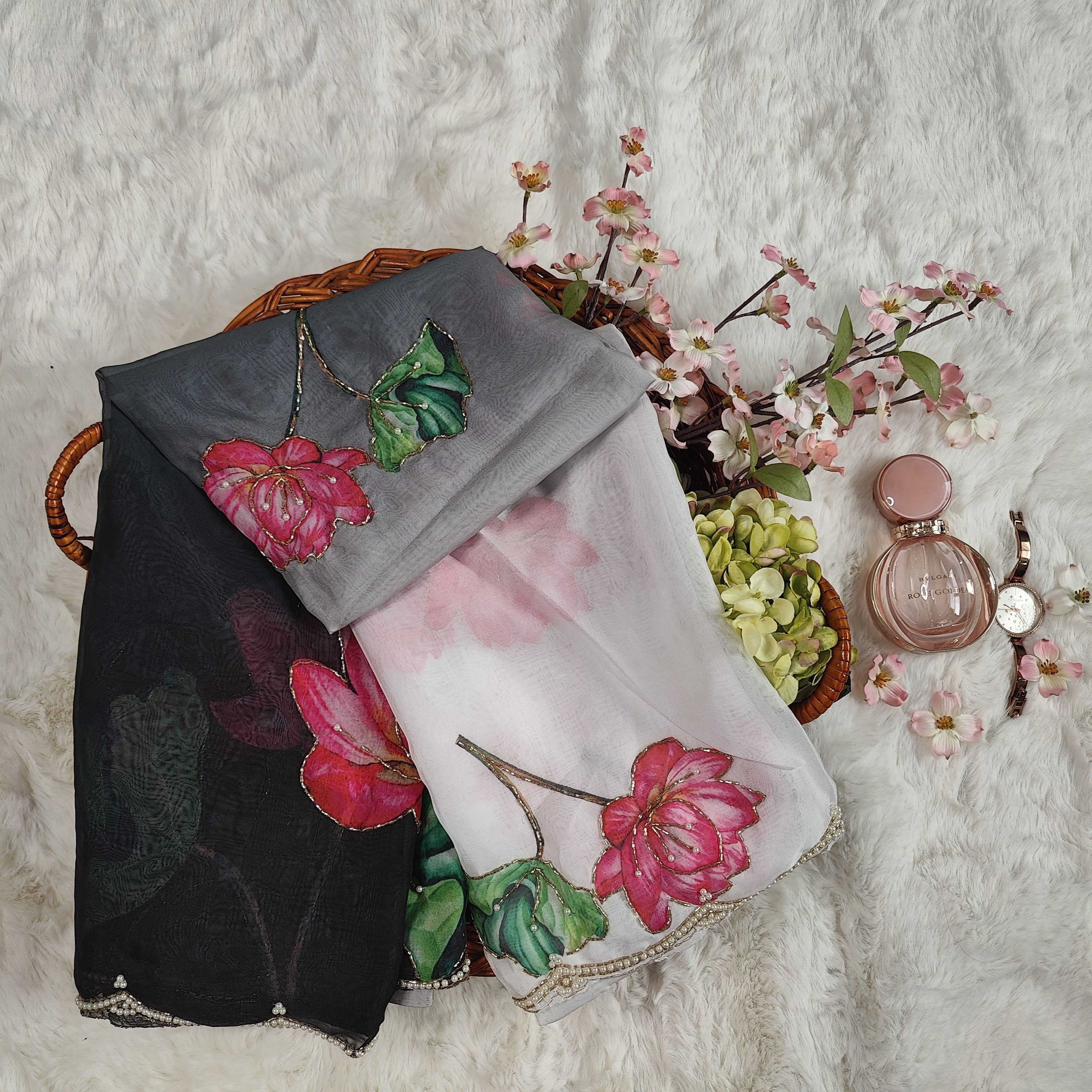 White & Black Ombre Lotus Printed Chiffon Saree with Pearl Scallop Border