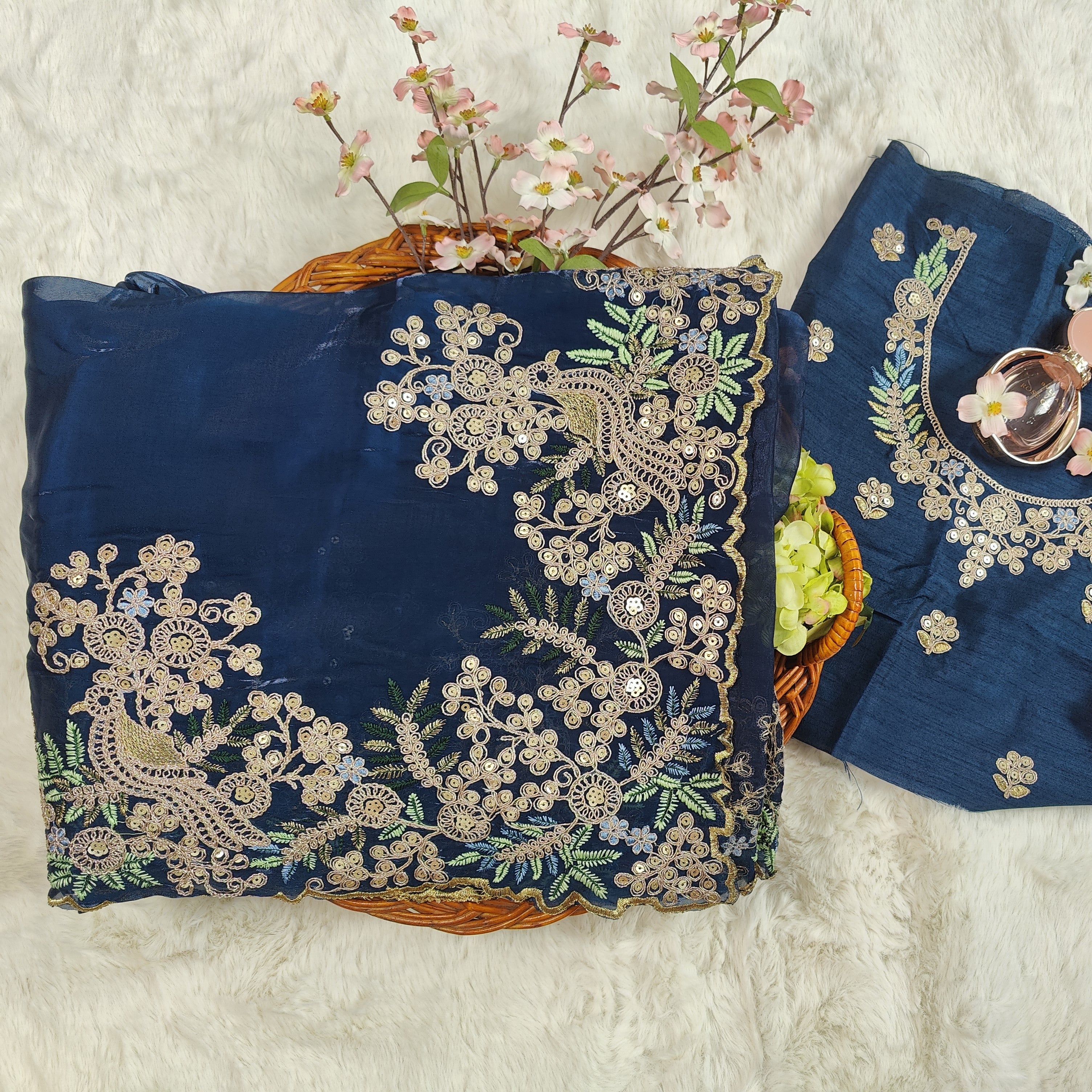 Stunning Blue Heavy Embroidered Shimmer Saree