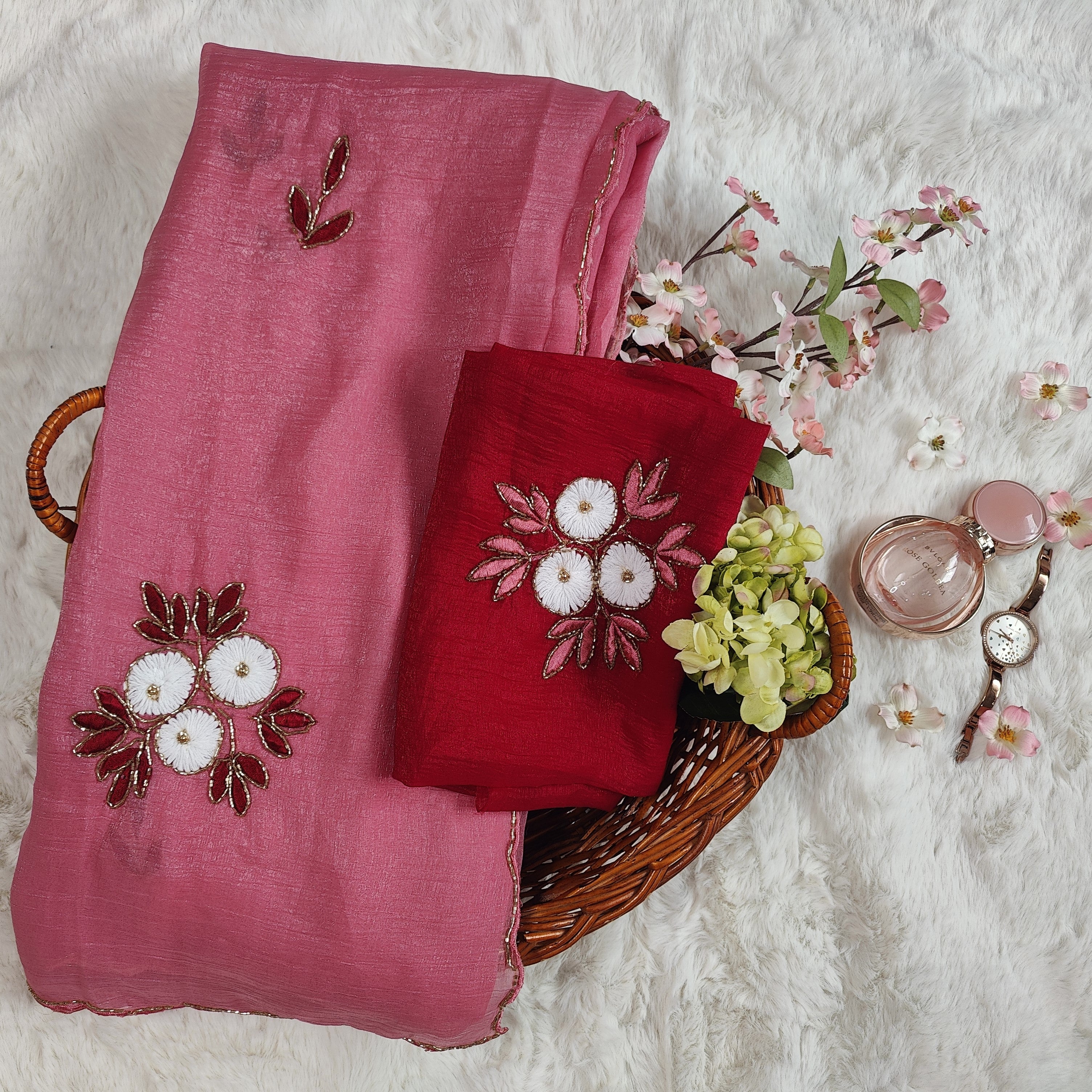 Pink Daisy Clusters Embroidered Silk Saree with Textured Finish