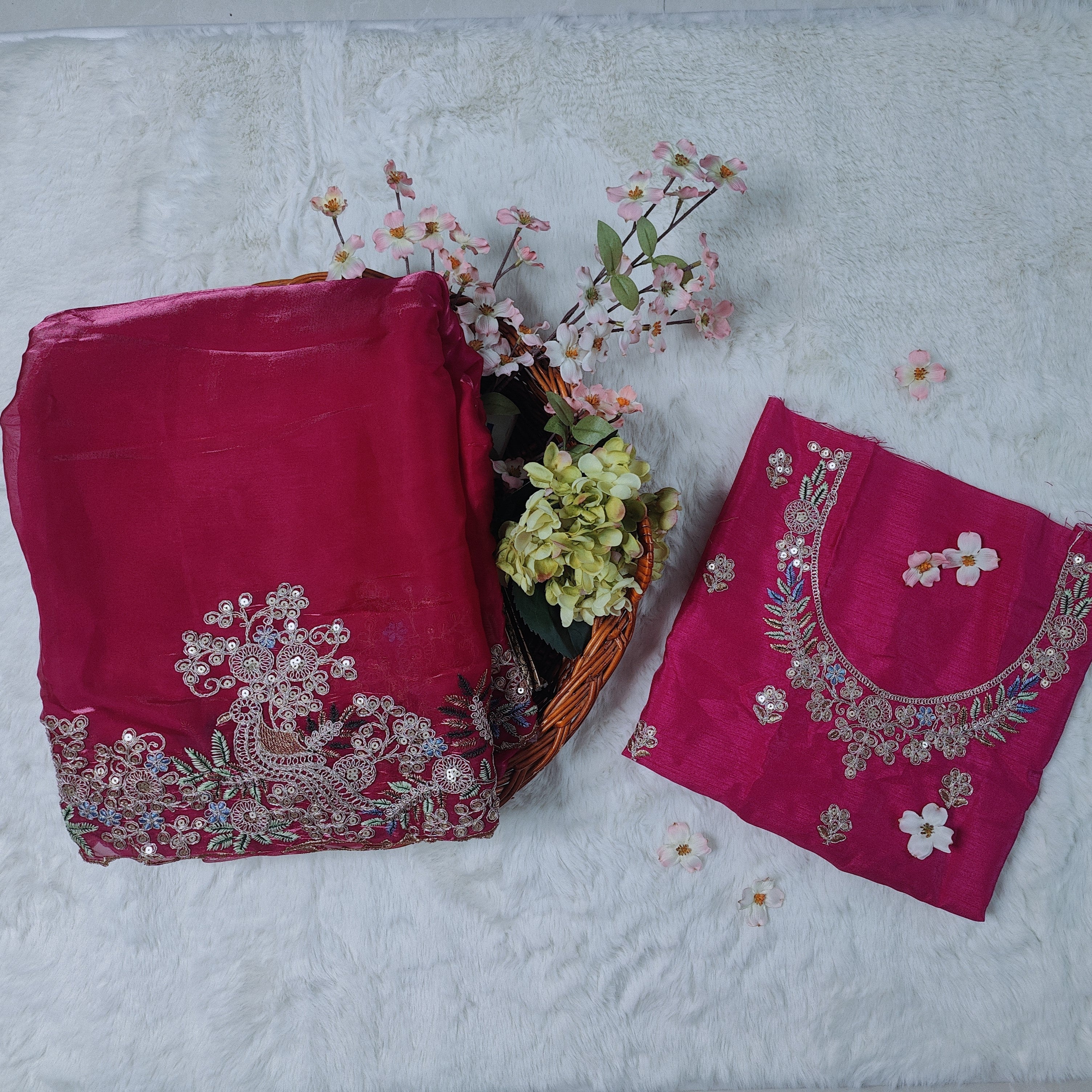 Stunning Hot Pink Heavy Embroidered Shimmer Saree