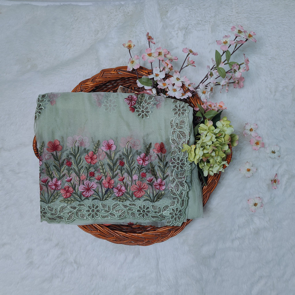 Sage green Floral Stalks Embroidered Chiffon Saree with Stone Work