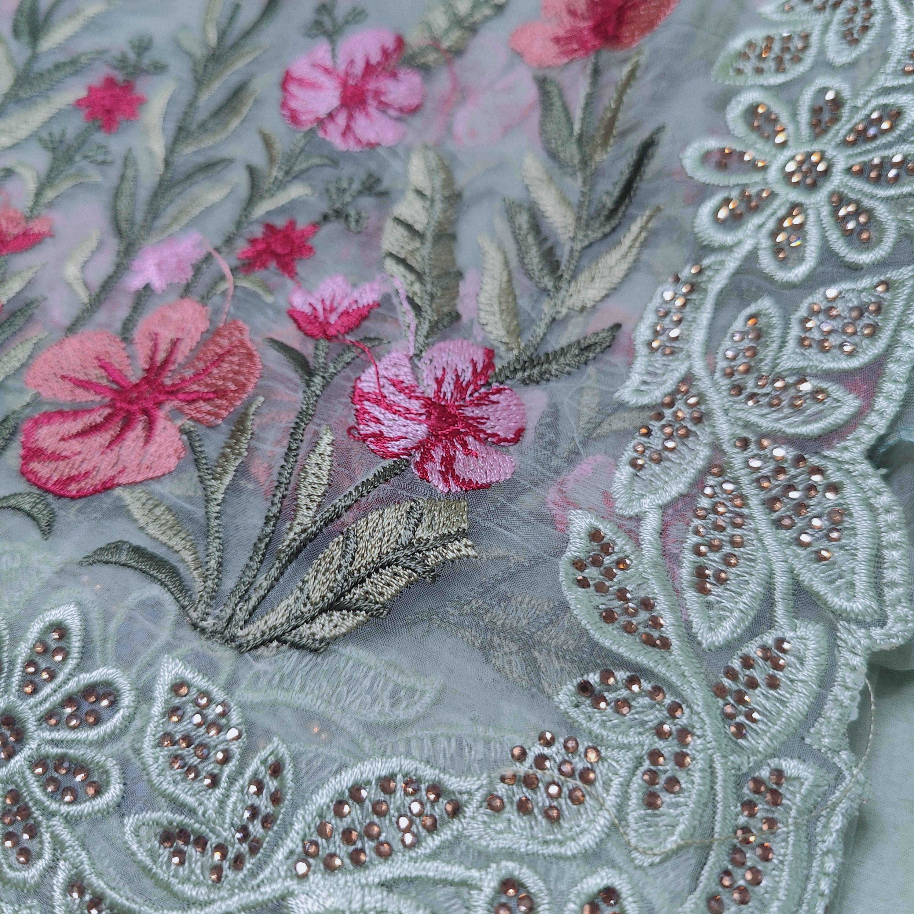 Sage green Floral Stalks Embroidered Chiffon Saree with Stone Work